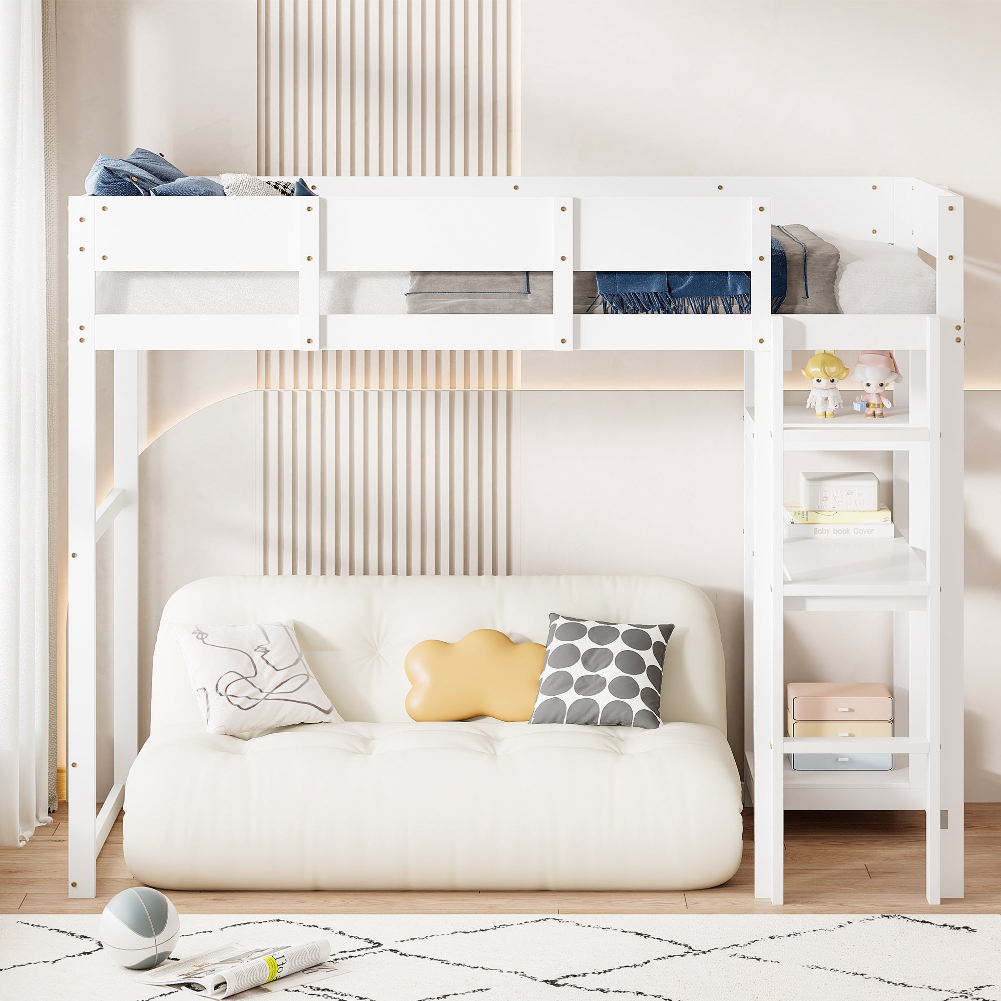 Loft Bed 90x200cm Storage Slatted Base - White Pine Wood