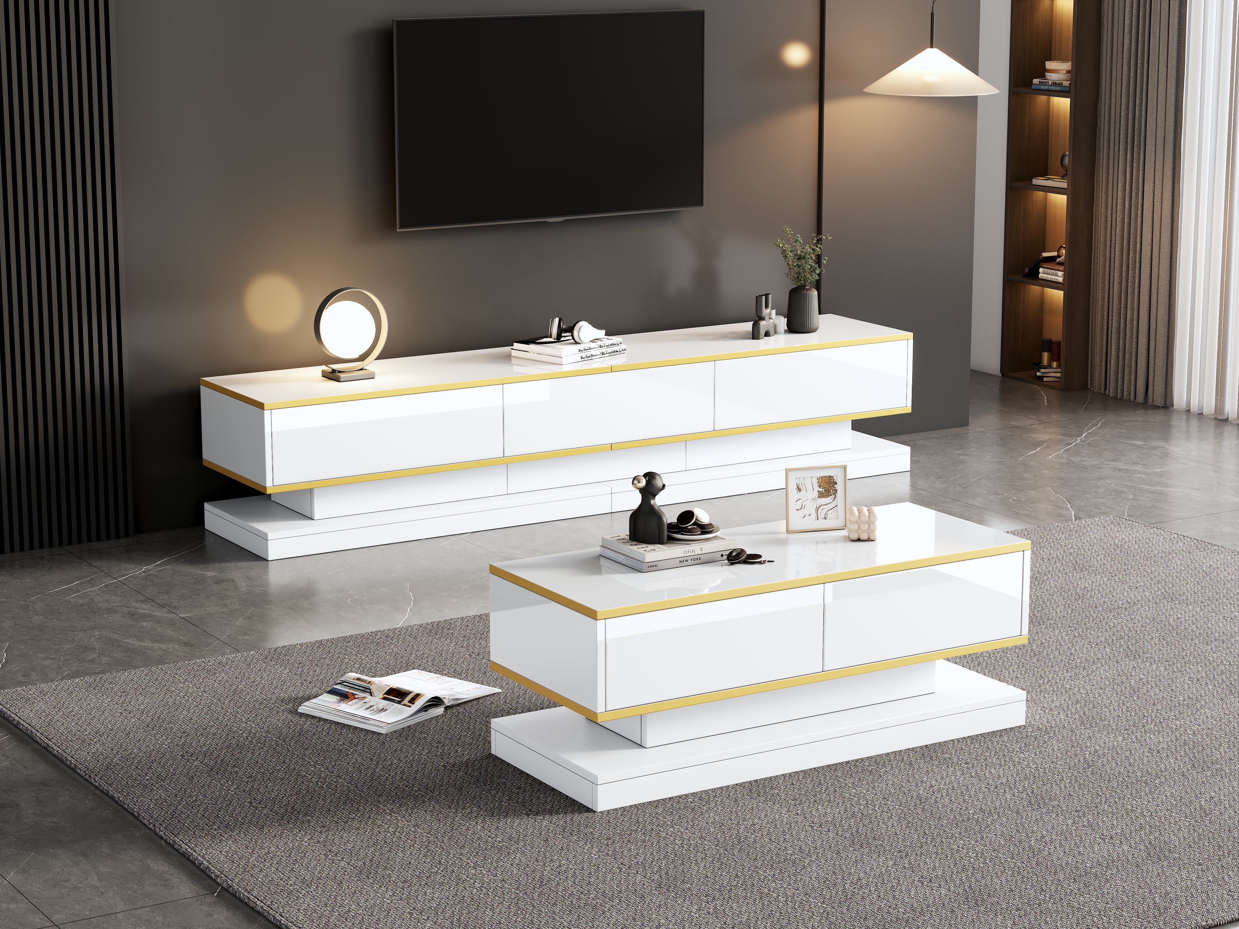 TV Stand & Coffee Table Set with 3-Drawer TV Console & 2-Drawer Coffee Table, White High Gloss & Gold