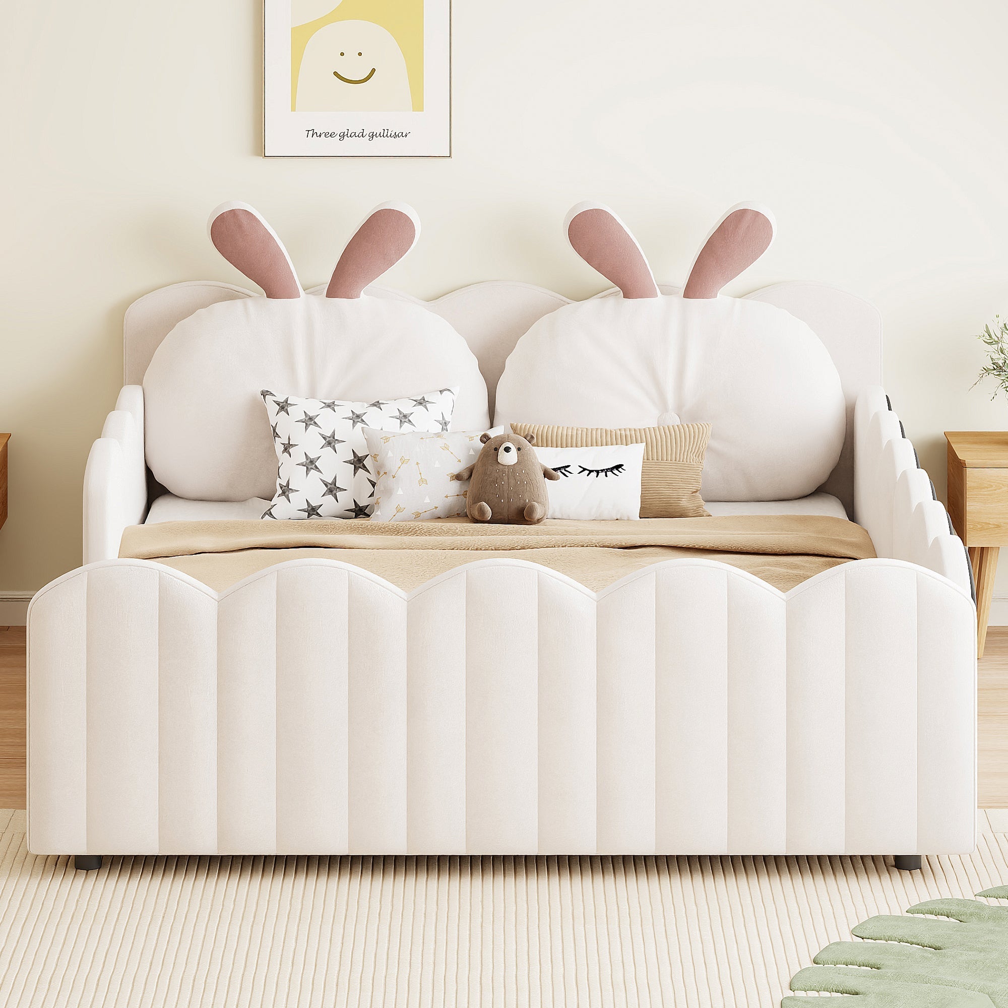 Upholstered Platform Bed with Rabbit-Shaped Cushions, 140x200cm, Beige Velvet