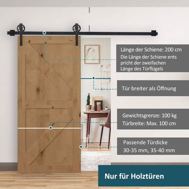 Sliding Door Hardware Kit 200 cm with Rails, Rollers, Stopper, Carbon Steel Black