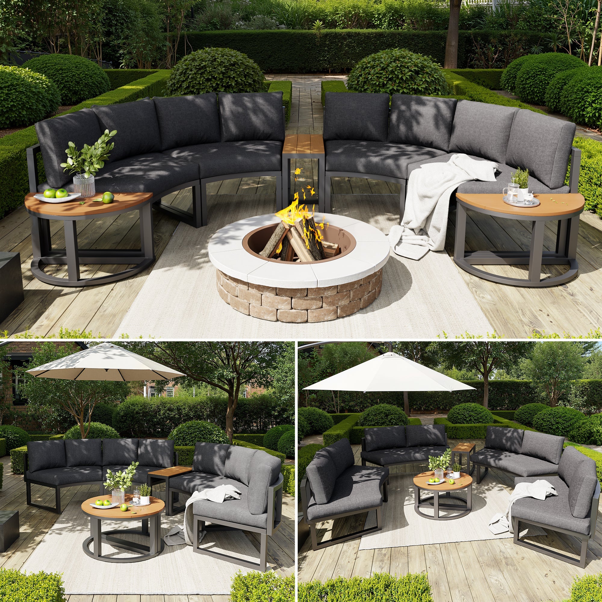 Garden Lounge Set 4-6 Seater Adjustable Legs Round Sofa - Grey