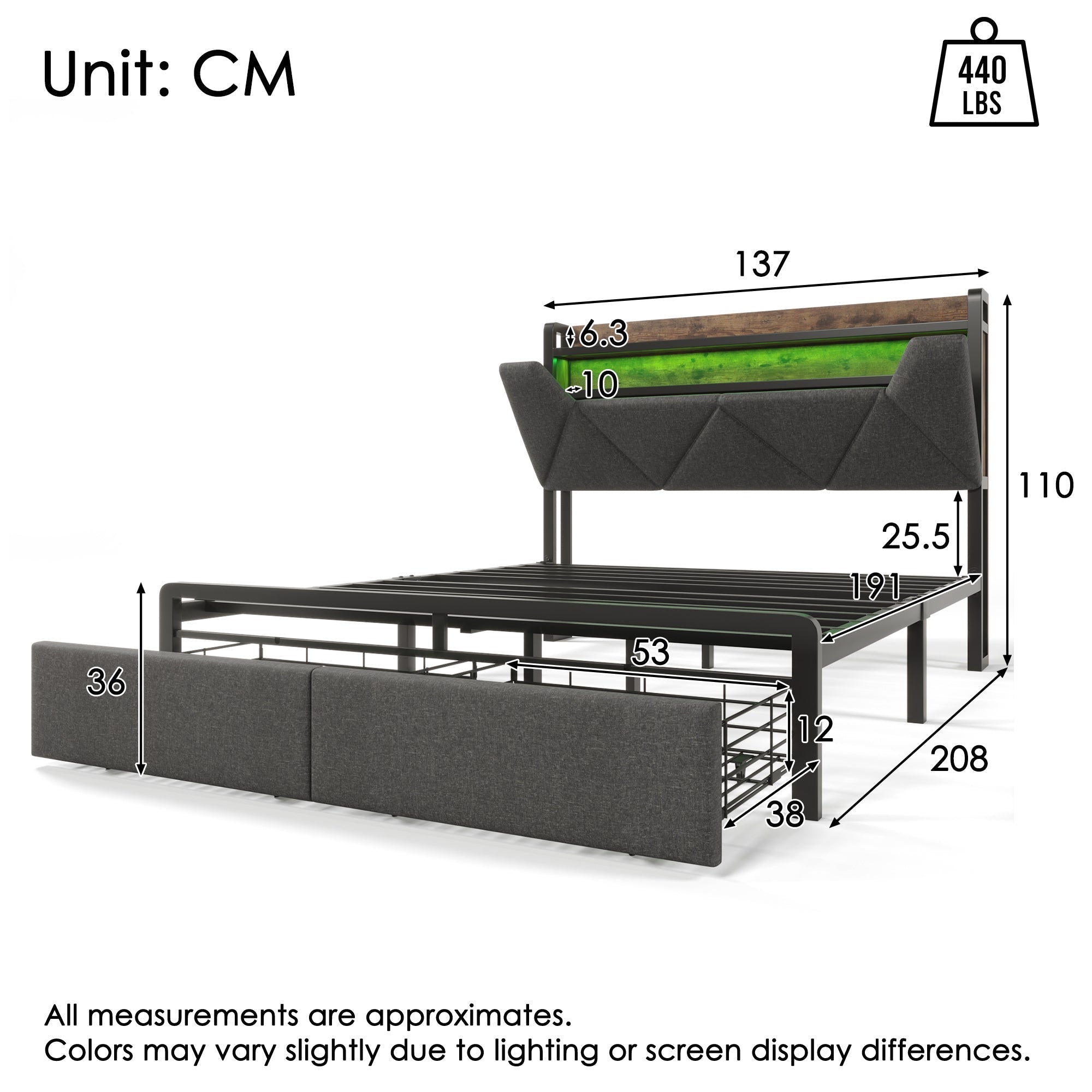 Upholstered Double Bed with LED Lighting, USB Type-C Charging, Storage Headboard & Drawers, 4ft6 135 x 190 cm, Linen, Grey