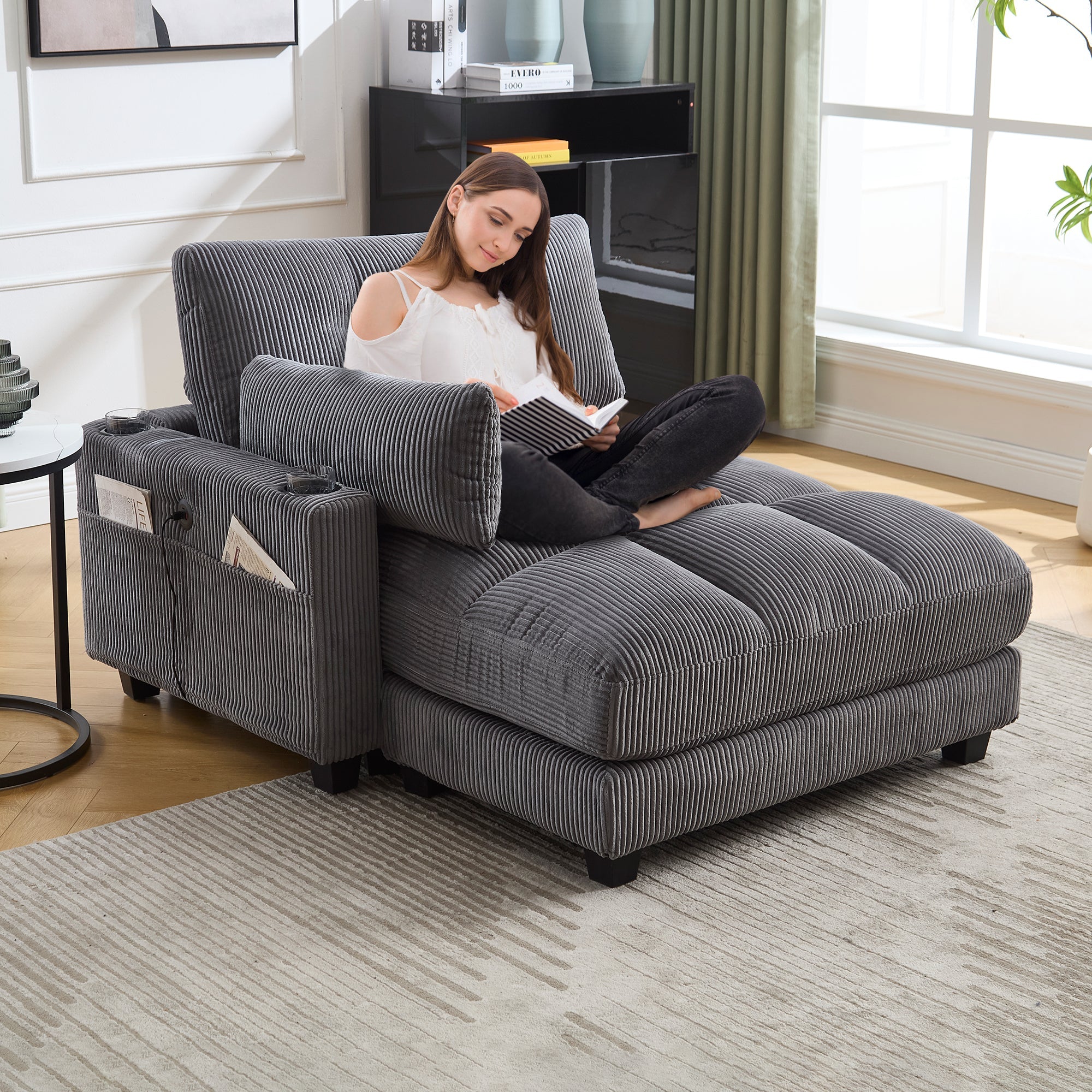 Palm Chair, Fluffy Upholstery, Rolling Cushions, Cup Holders, Side Pocket, Gray