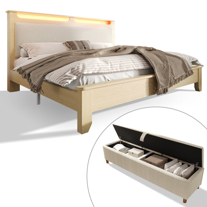 Double Wooden Bed 140×200cm Storage Headboard LED Light Corduroy Backrest, Light Oak