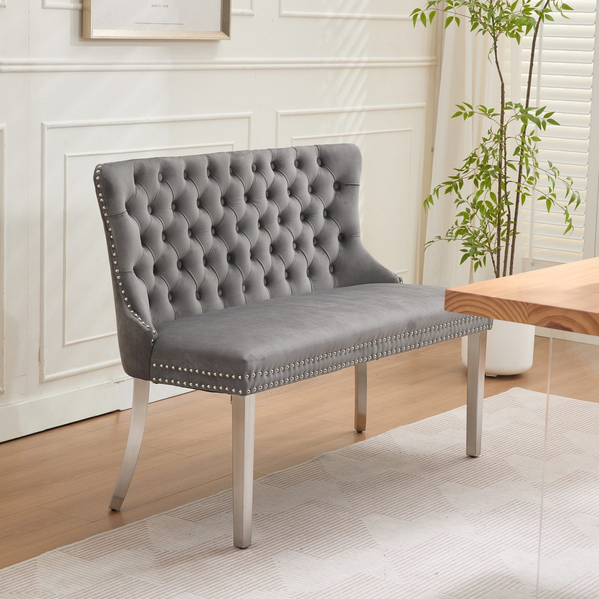 Velvet Loveseat Bench, 2-Seat Tufted Wing Back Mid Century Modern, Gray