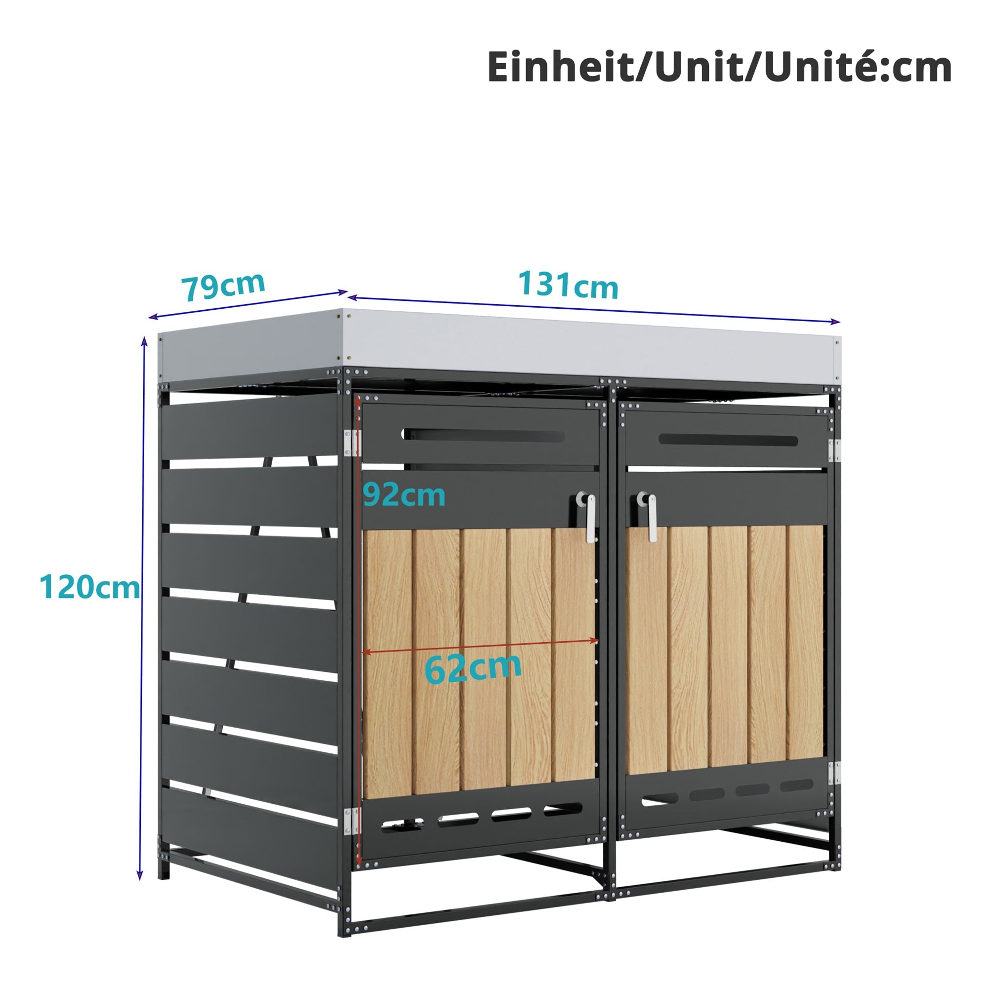 Outdoor Iron Bin Storage Cabinet with Planter Box, Slotted Ventilation and Lock, Wood Grain Panels