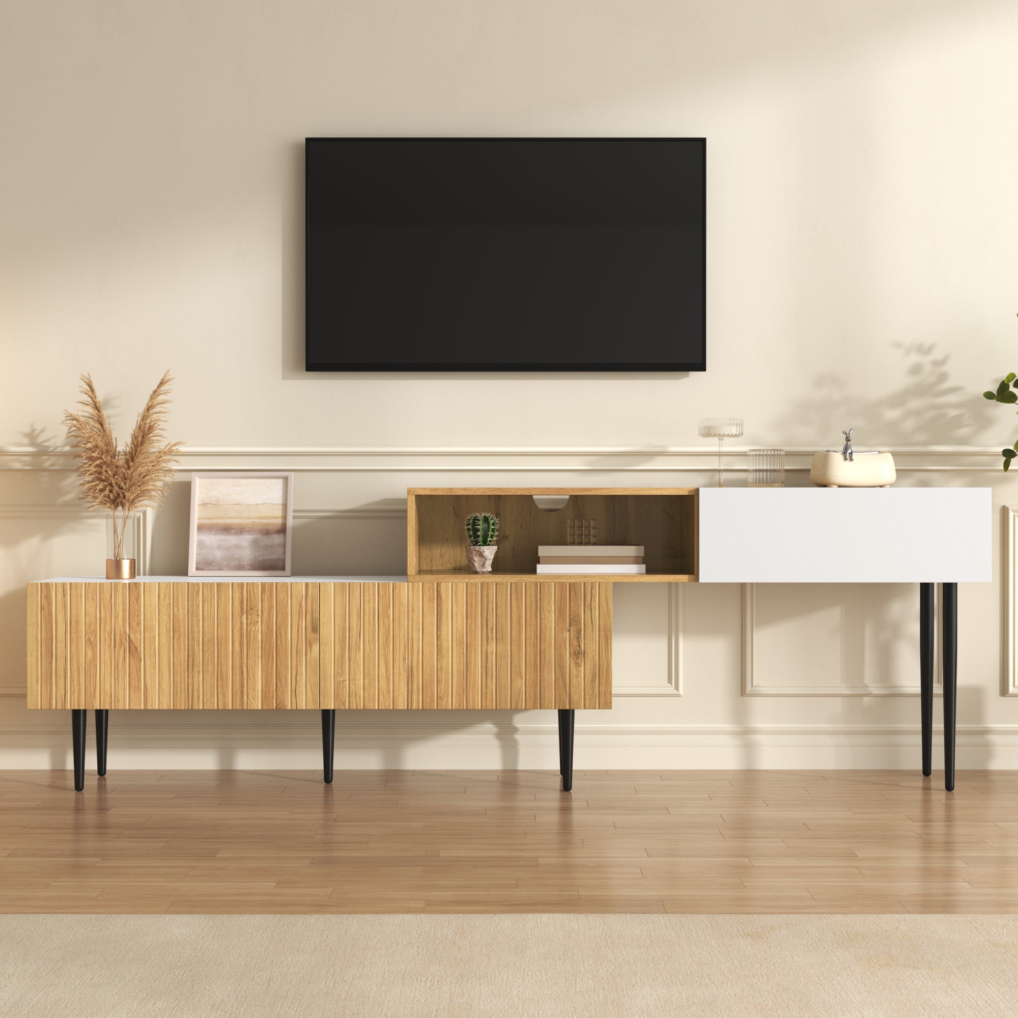 Modern TV Cabinet, adjustable length, modular 2-piece, wood look + matt white, black metal legs
