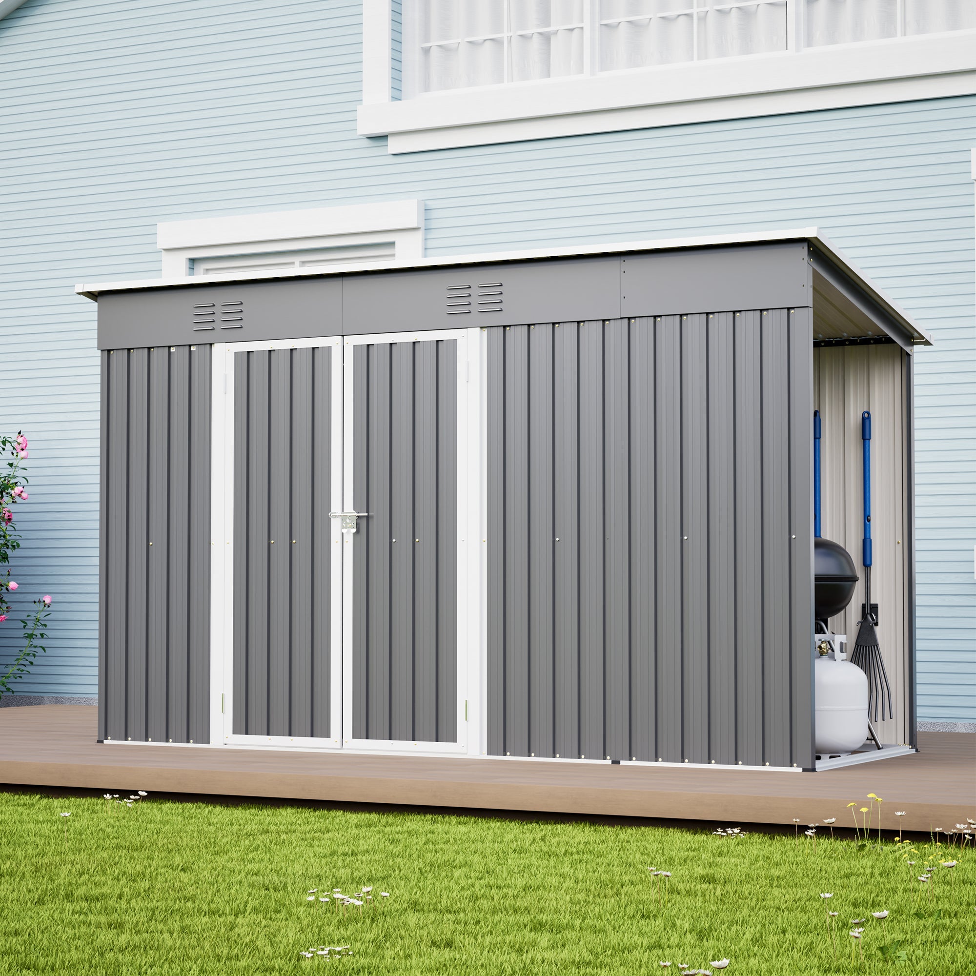 10x4 FT Metal Garden Shed with Double Doors, Ventilation and Reinforced Frame, Grey