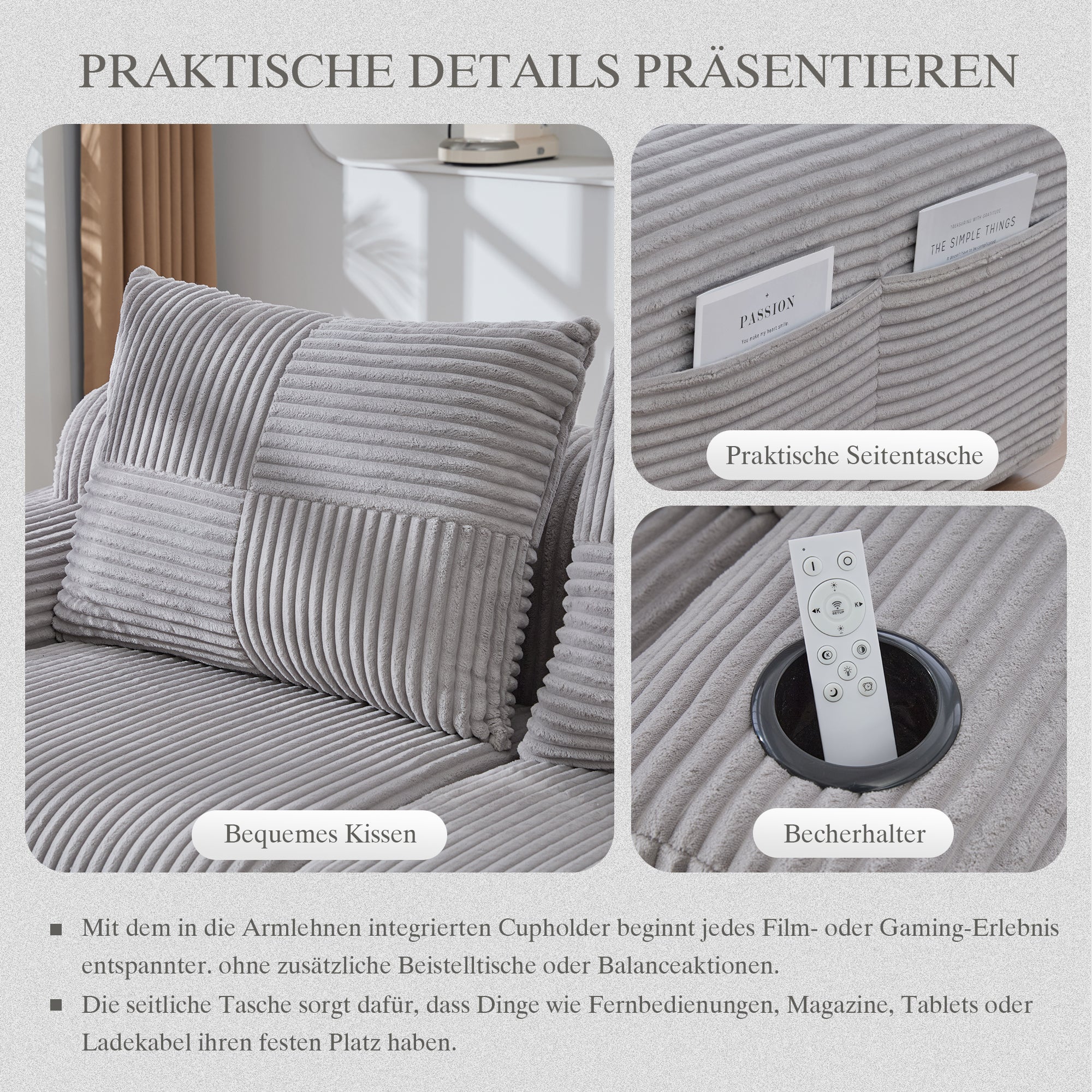 Modular Sofa for 2 People, Freely Combinable with Ottomans and Cup Holder, Light Grey Corduroy