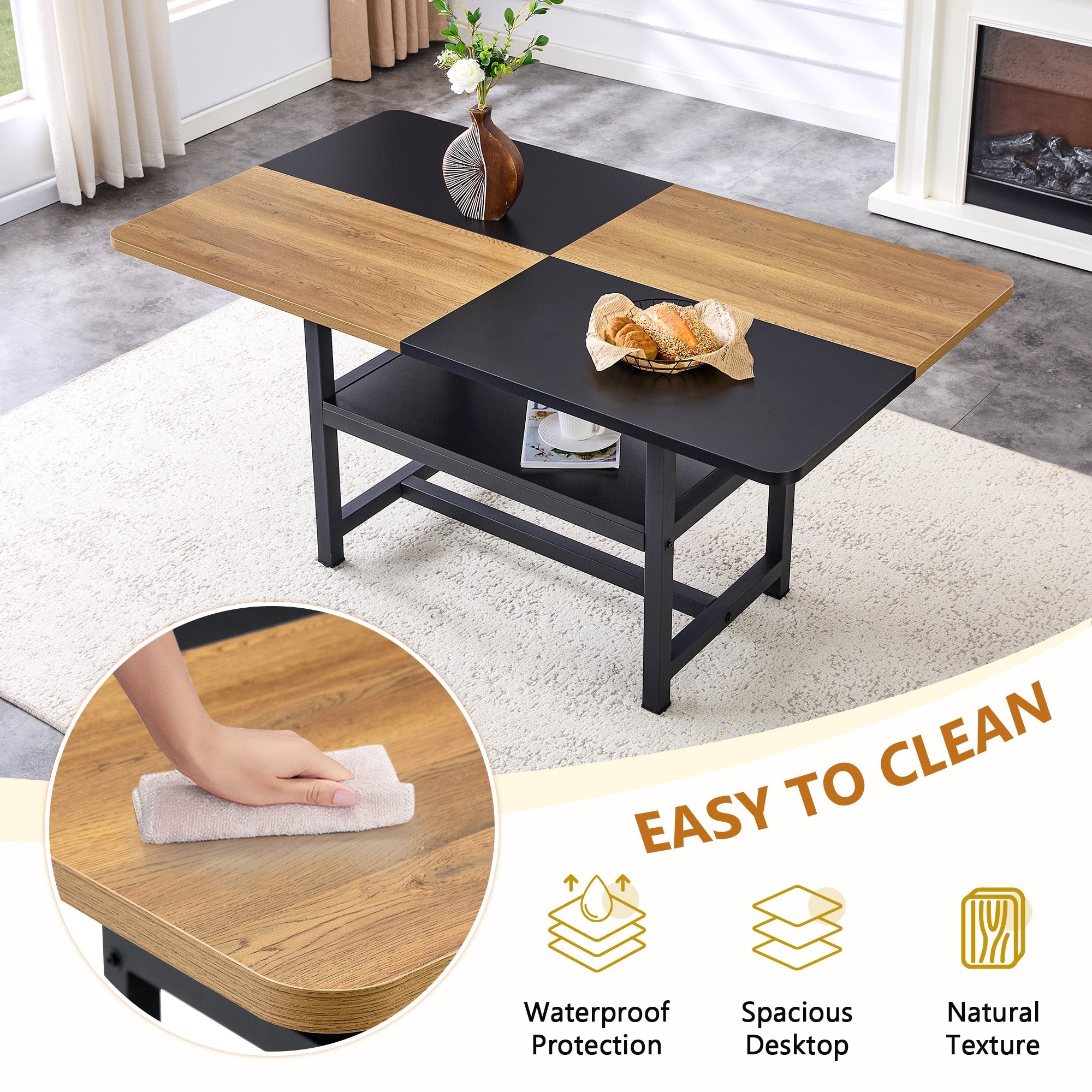 Dining Table Set, 160 cm Rectangular with Storage & 4 Chairs, Brown Tech-Fabric
