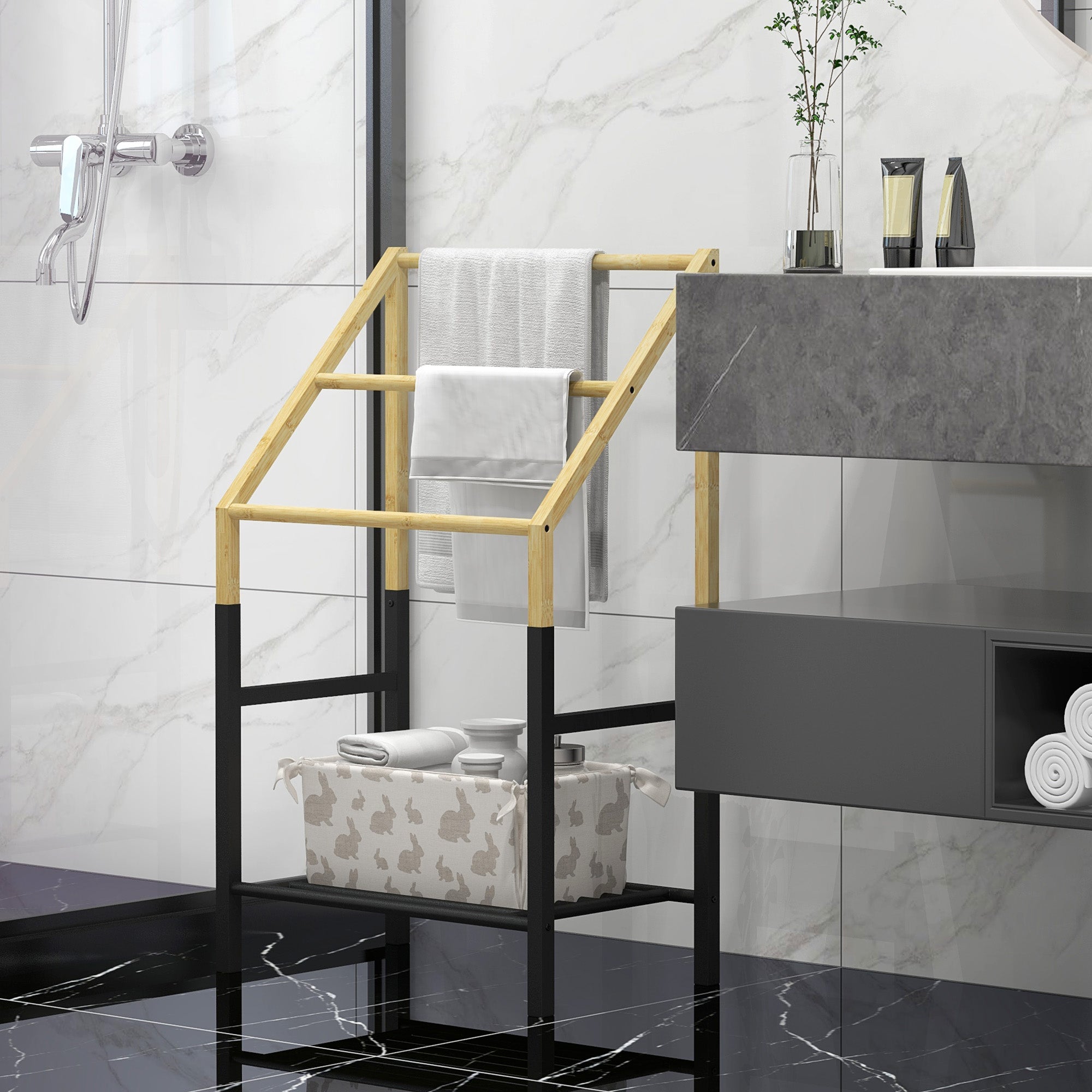 Towel Holder Freestanding, 3 Towel Rails with Shelf, Metal, Natural