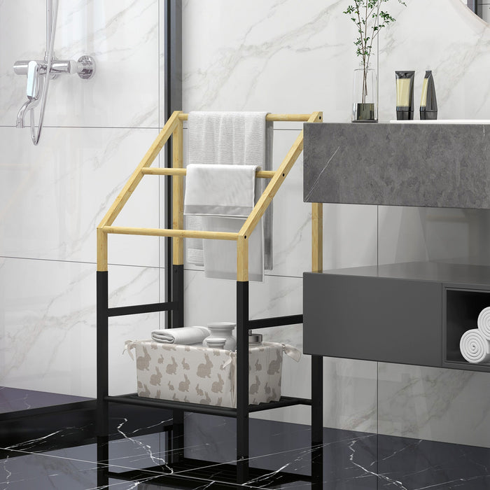 Towel Holder Freestanding, 3 Towel Rails with Shelf, Metal, Natural
