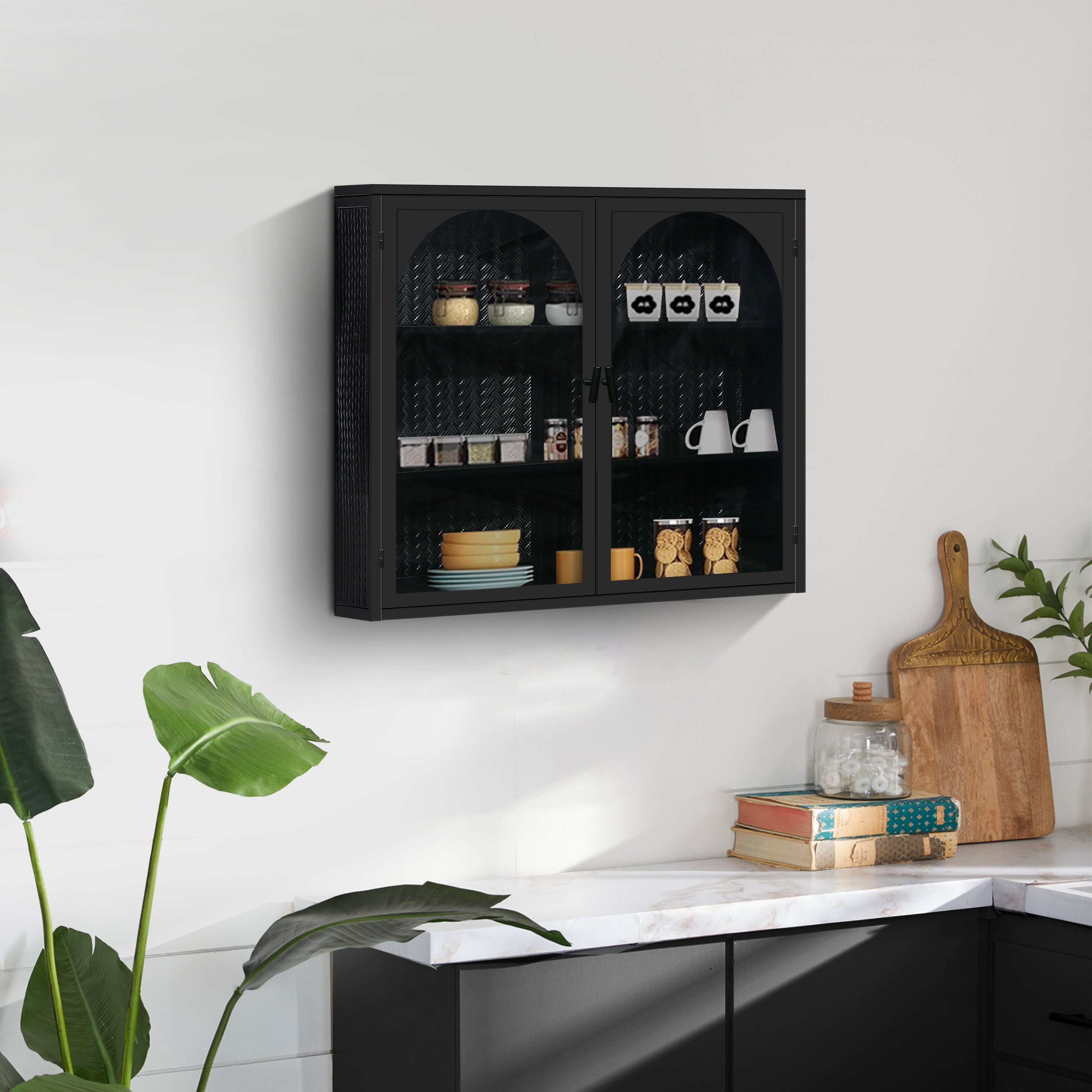 Wall Cabinet 70CM Glass Doors Two-door Three-tier Storage Woven Pattern Black