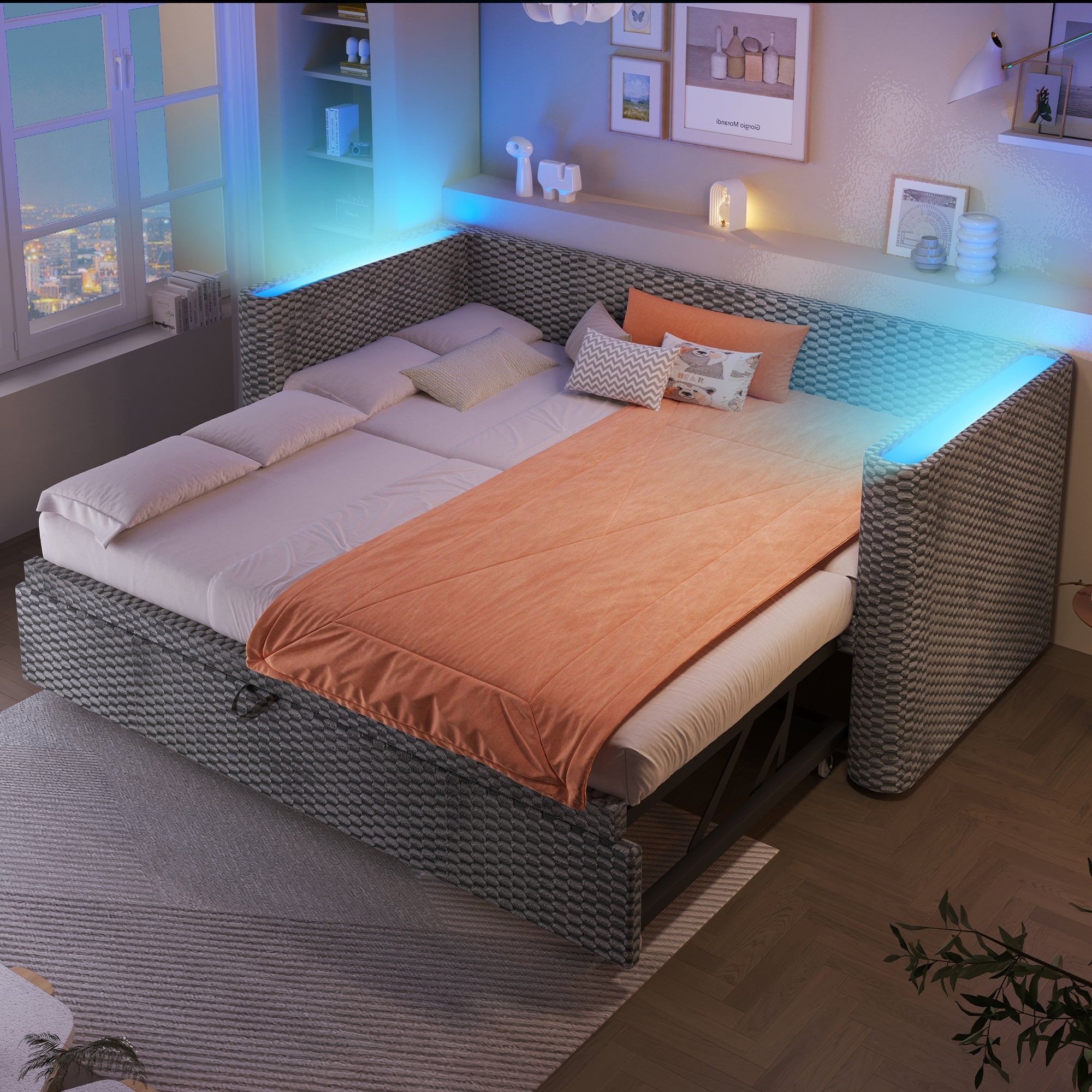 Daybed Sofa Bed 90x200/180x200cm Pull-out Multifunctional LED - Velvet Grey