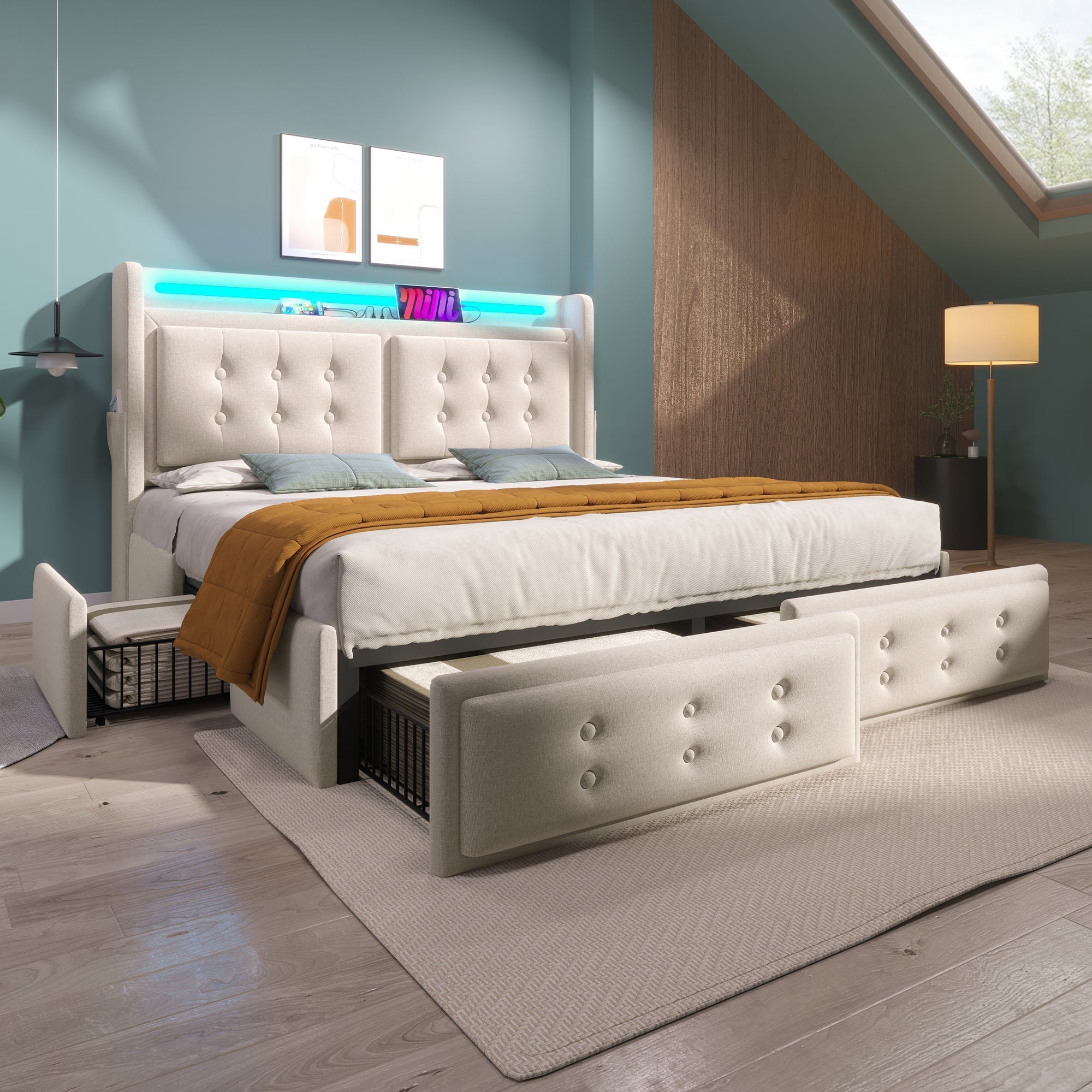 Upholstered Bed 160x200, Double with LED Headboard, USB-C Charging & 4 Drawers, Beige Cotton