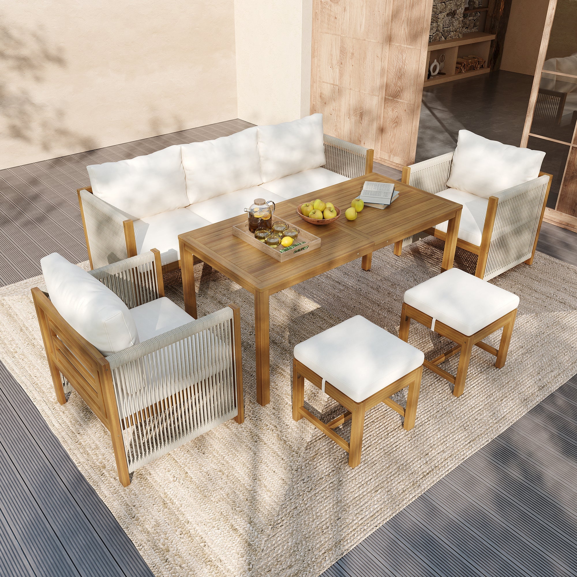 Garden Furniture Set, 6-Piece Modular Sectional with 3-Seater Sofa, 2 Chairs, 2 Stools and Acacia Table, Beige