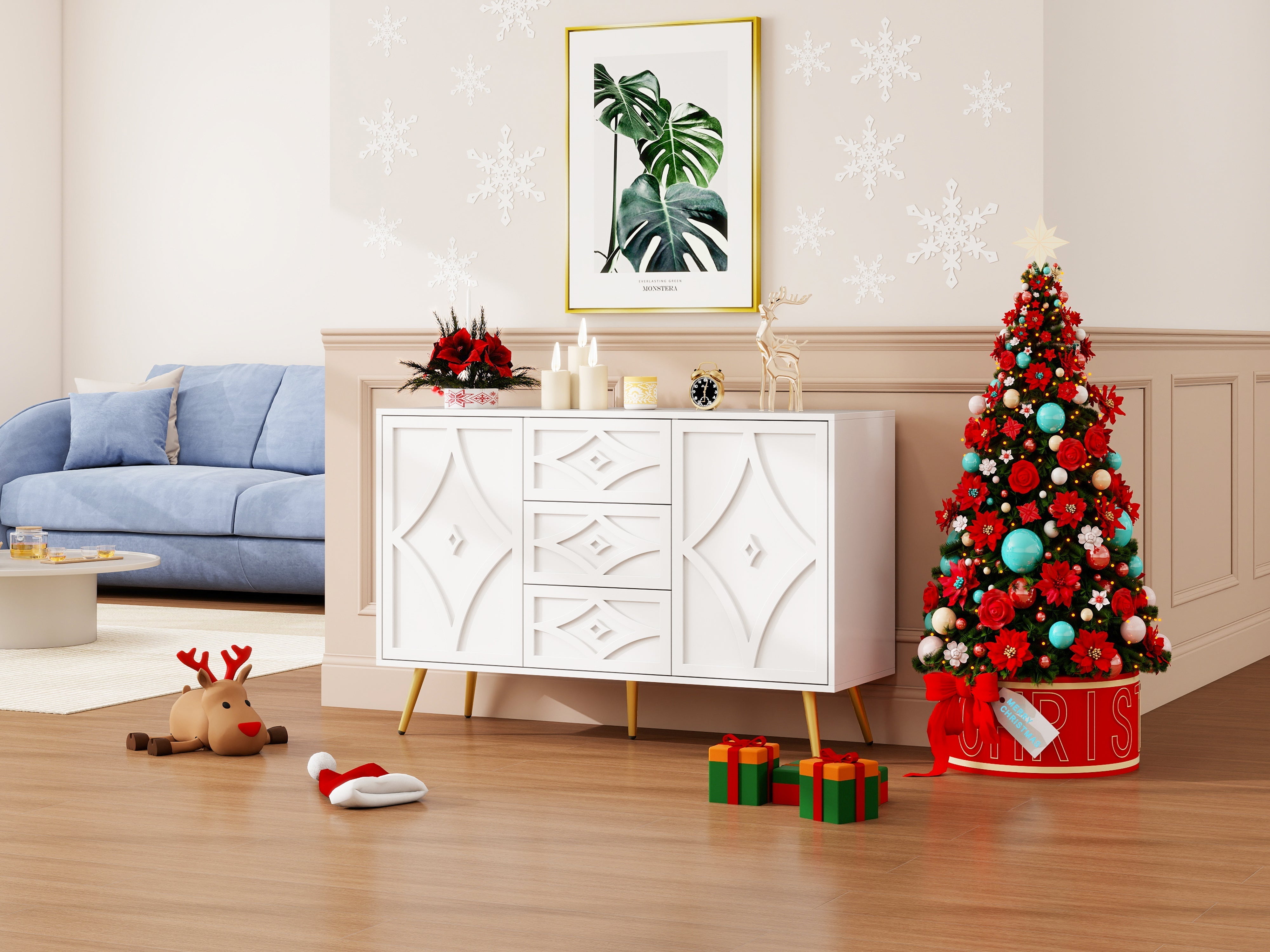 Chest of Drawers, Diamond Pattern with 3 Drawers & 2 Doors, Gold Feet White