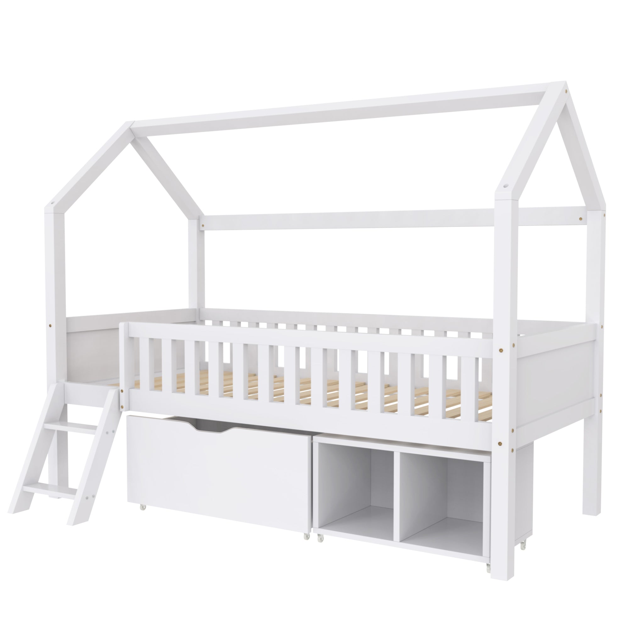 House Bed for Children and Youth 200x90 with Drawers, Storage and Anti-Drop Railing, White Pine