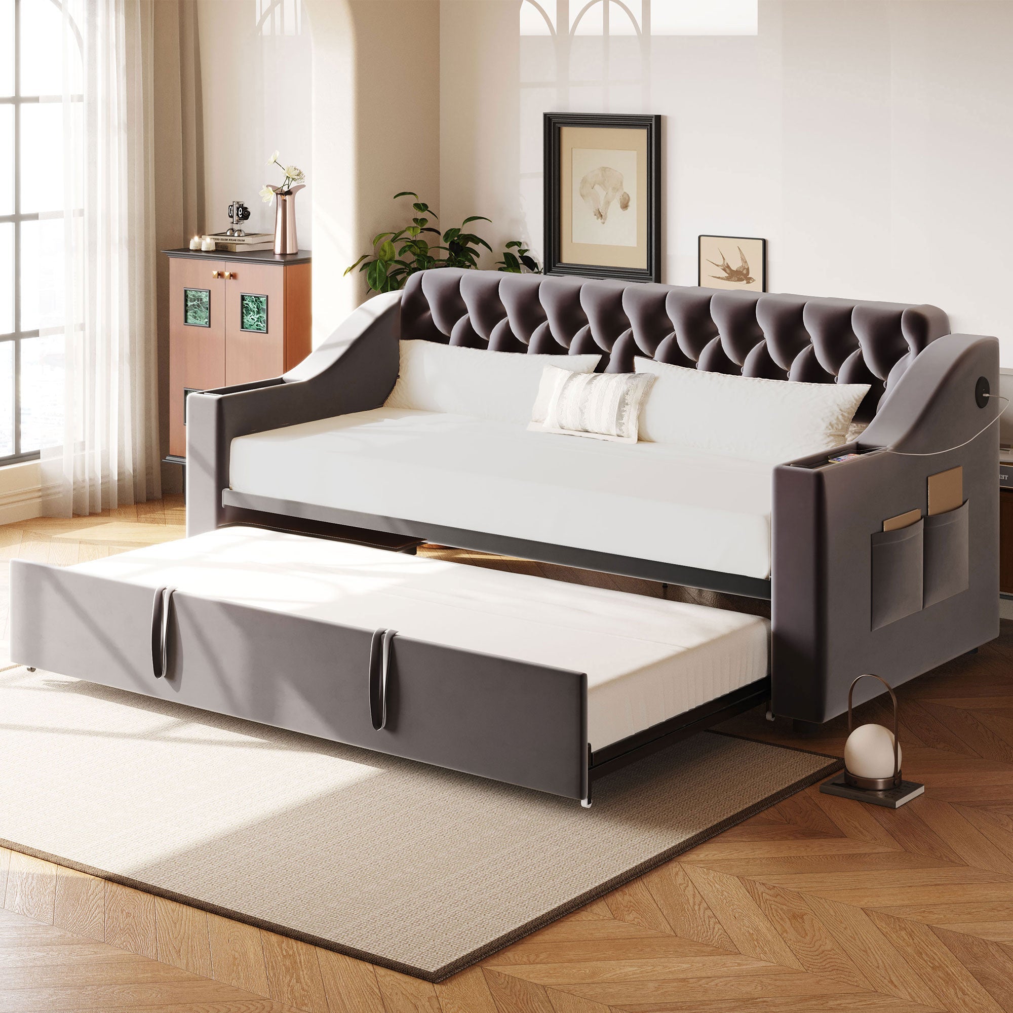 Upholstered Sofa Bed, Extendable 90/180x190cm USB Storage Slatted Base, Dark Grey Velvet