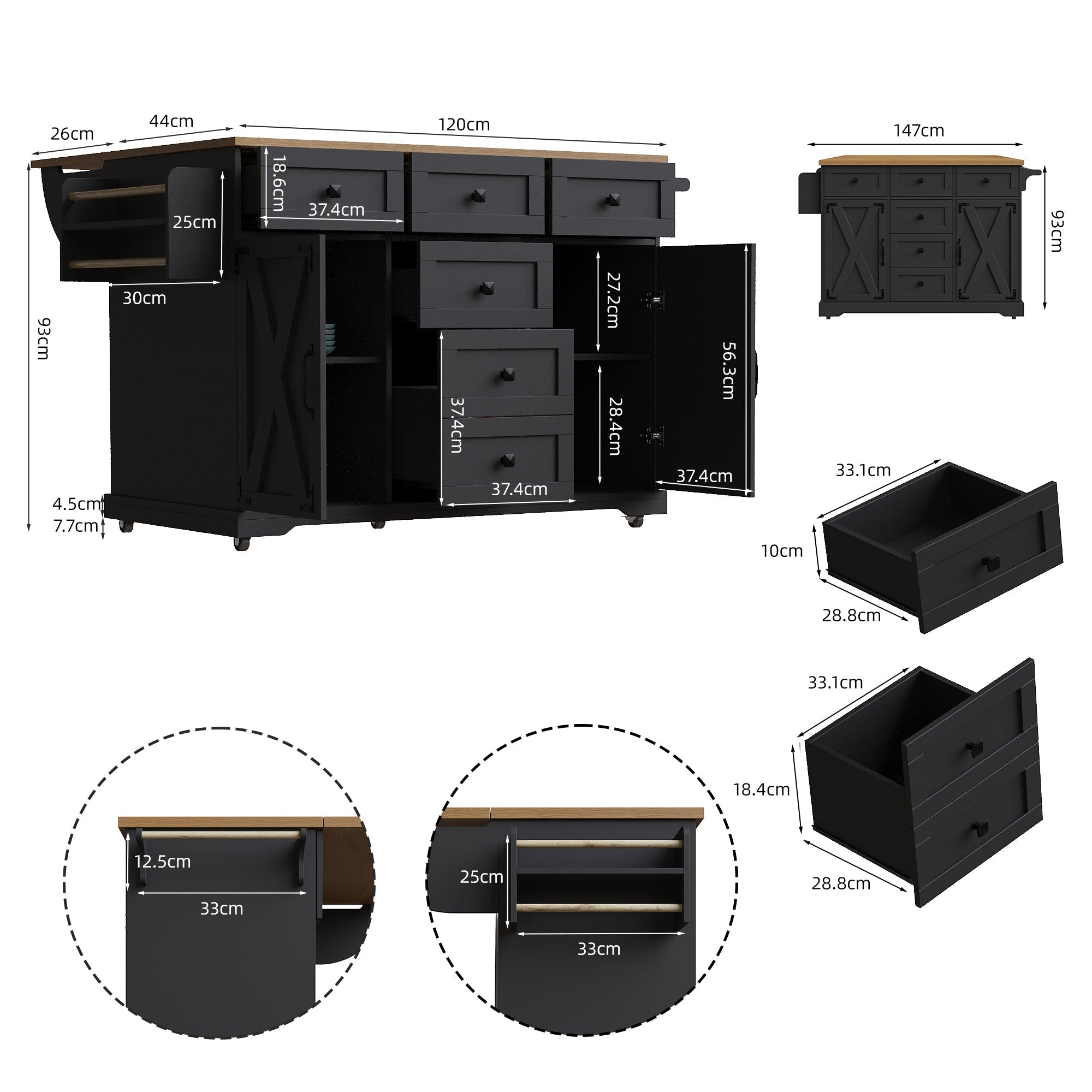 Kitchen Island with Multifunctional Serving Trolley and Large Storage Space, Black Wood Grain