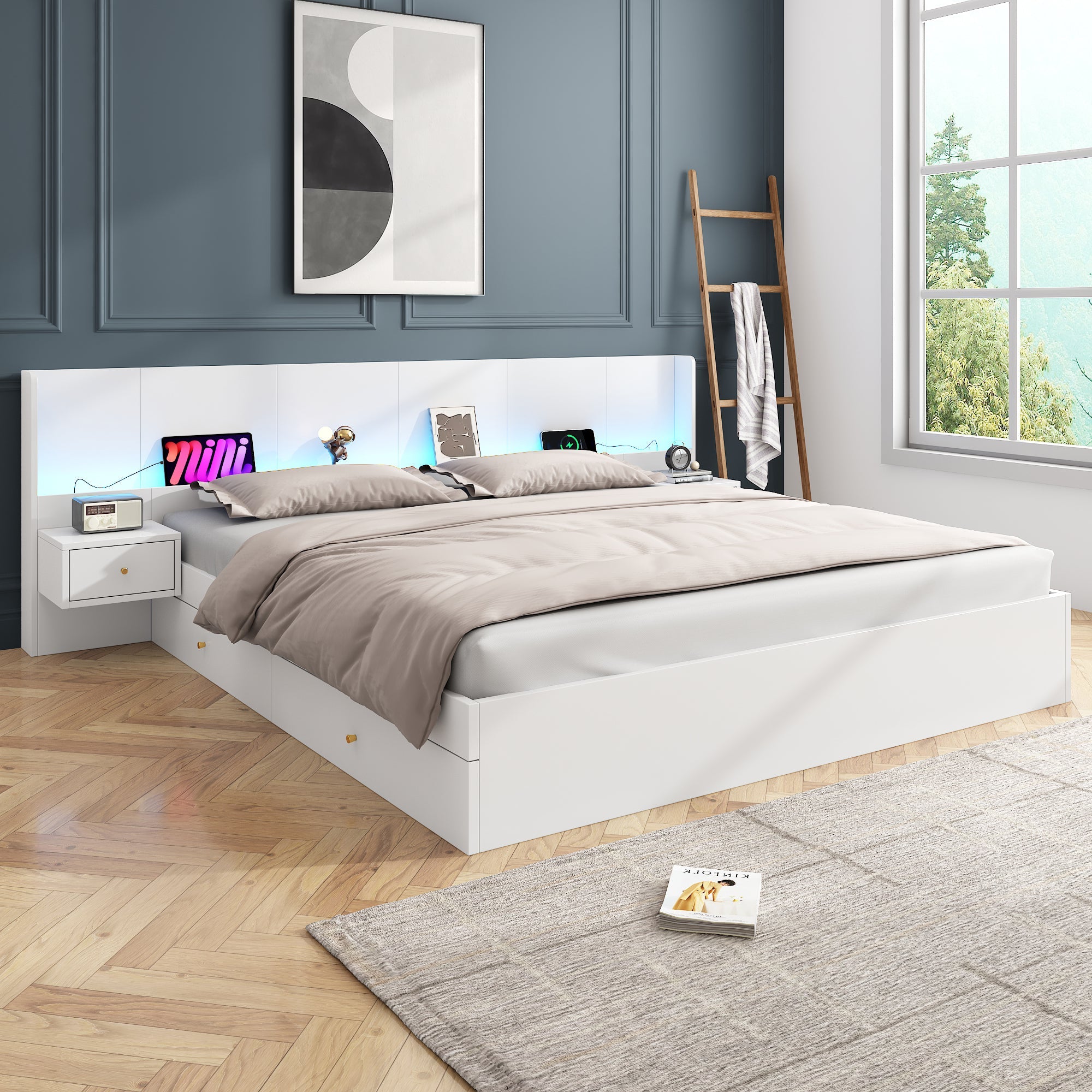 Double Bed 180x200cm LED USB App Control 2 Nightstands Storage - White Wood