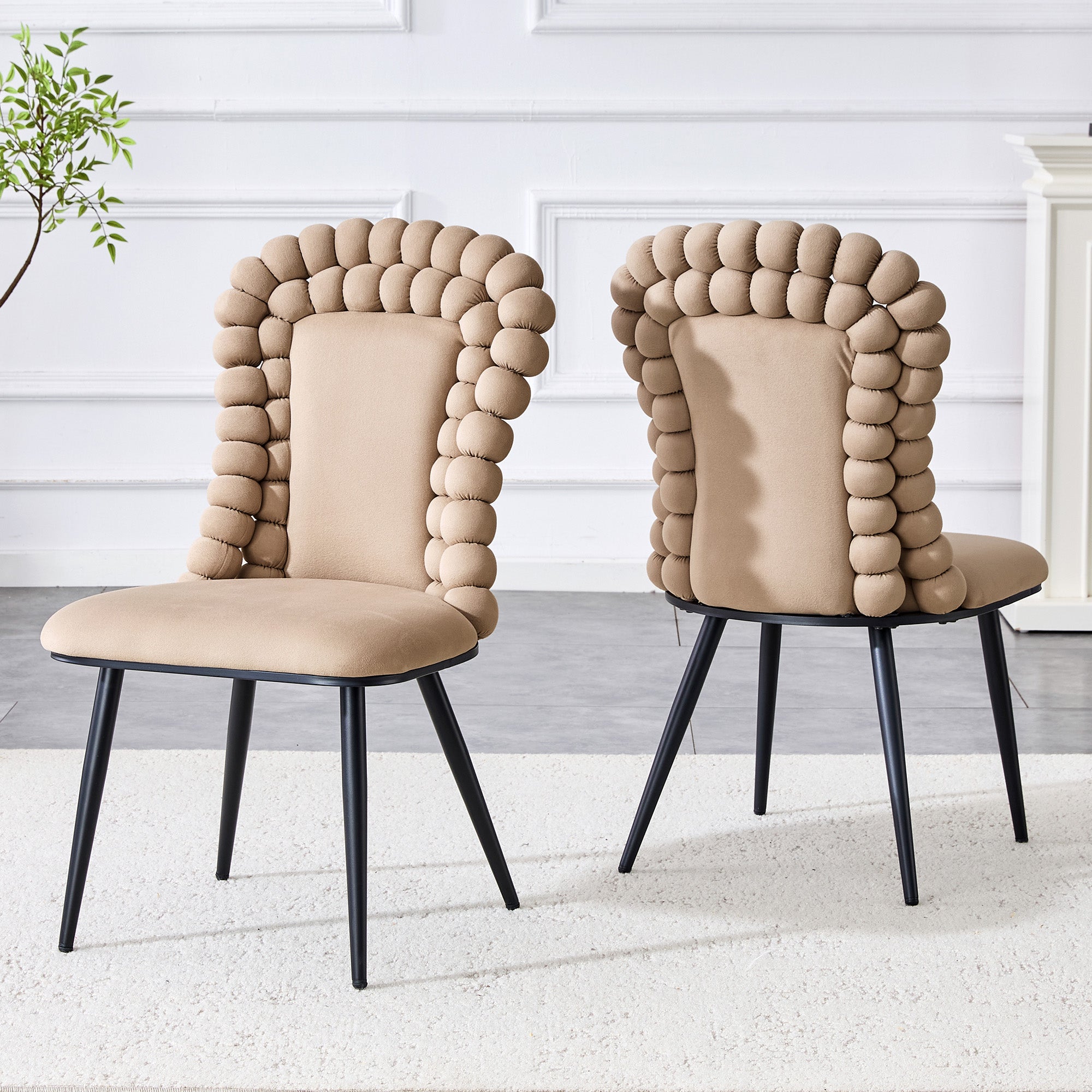 Dining Chairs (Set of 2), Ball Chain Backrest, Black Metal Legs, Camel Velvet