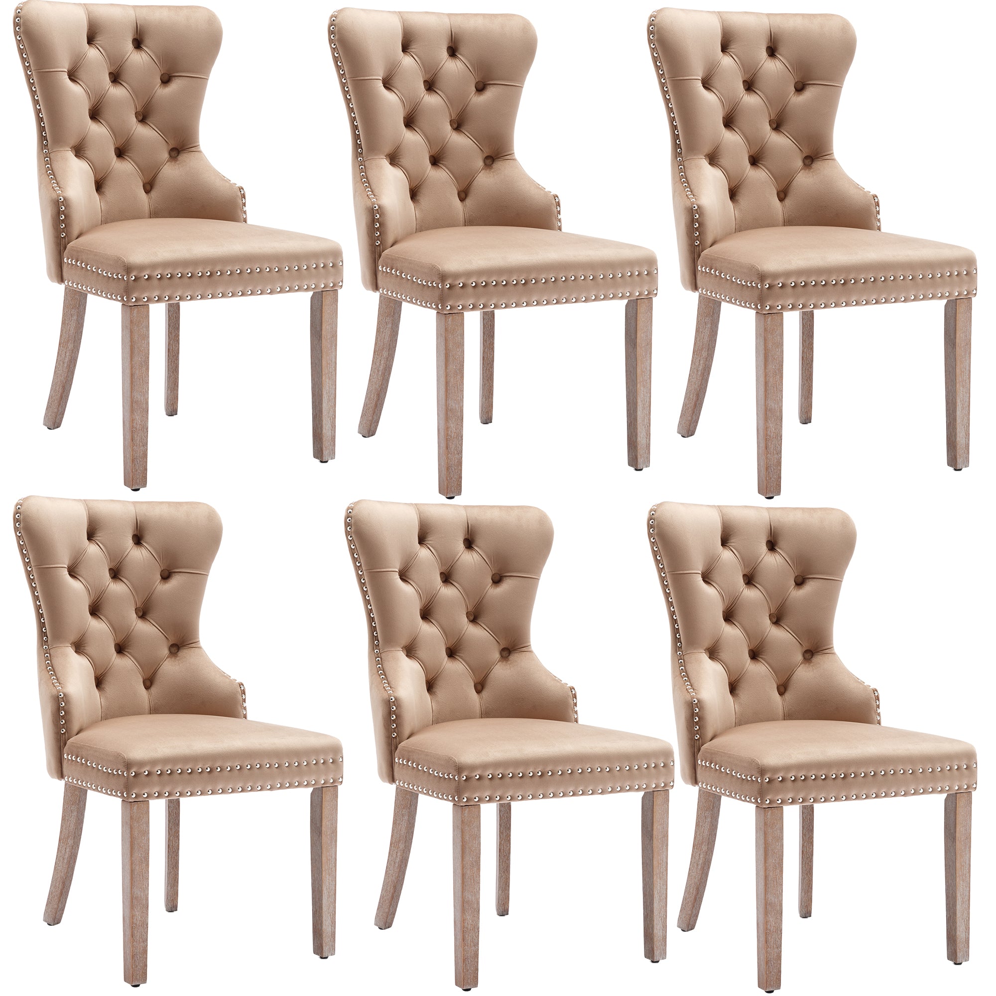Dining Chair Set of 6 - Upholstered Nailhead Trim Door Knocker Back Solid Wood Legs - Brown Velvet