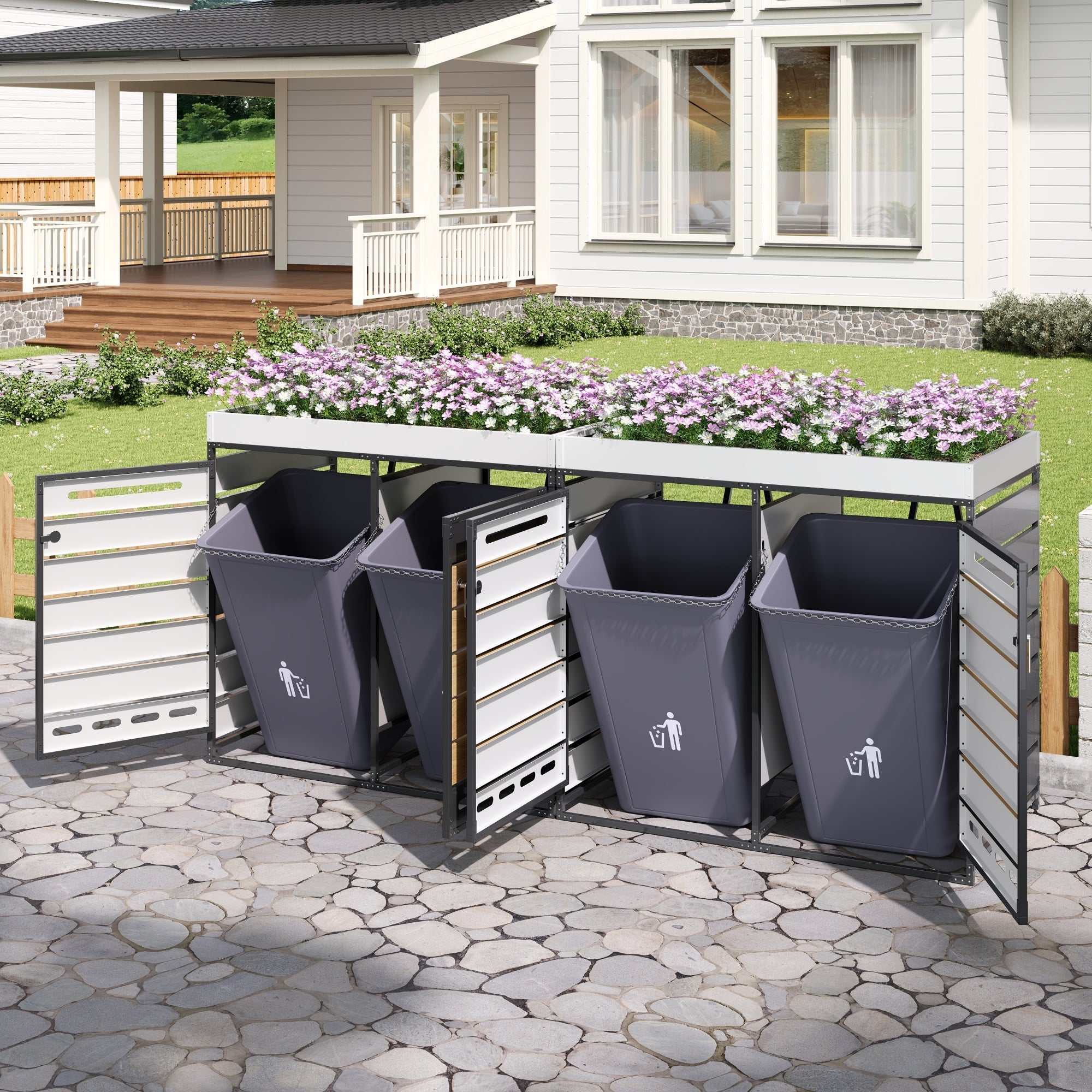 Bin Storage Unit with Planter Box, Slotted Ventilation and Lock, Iron with Wood-Look Slats