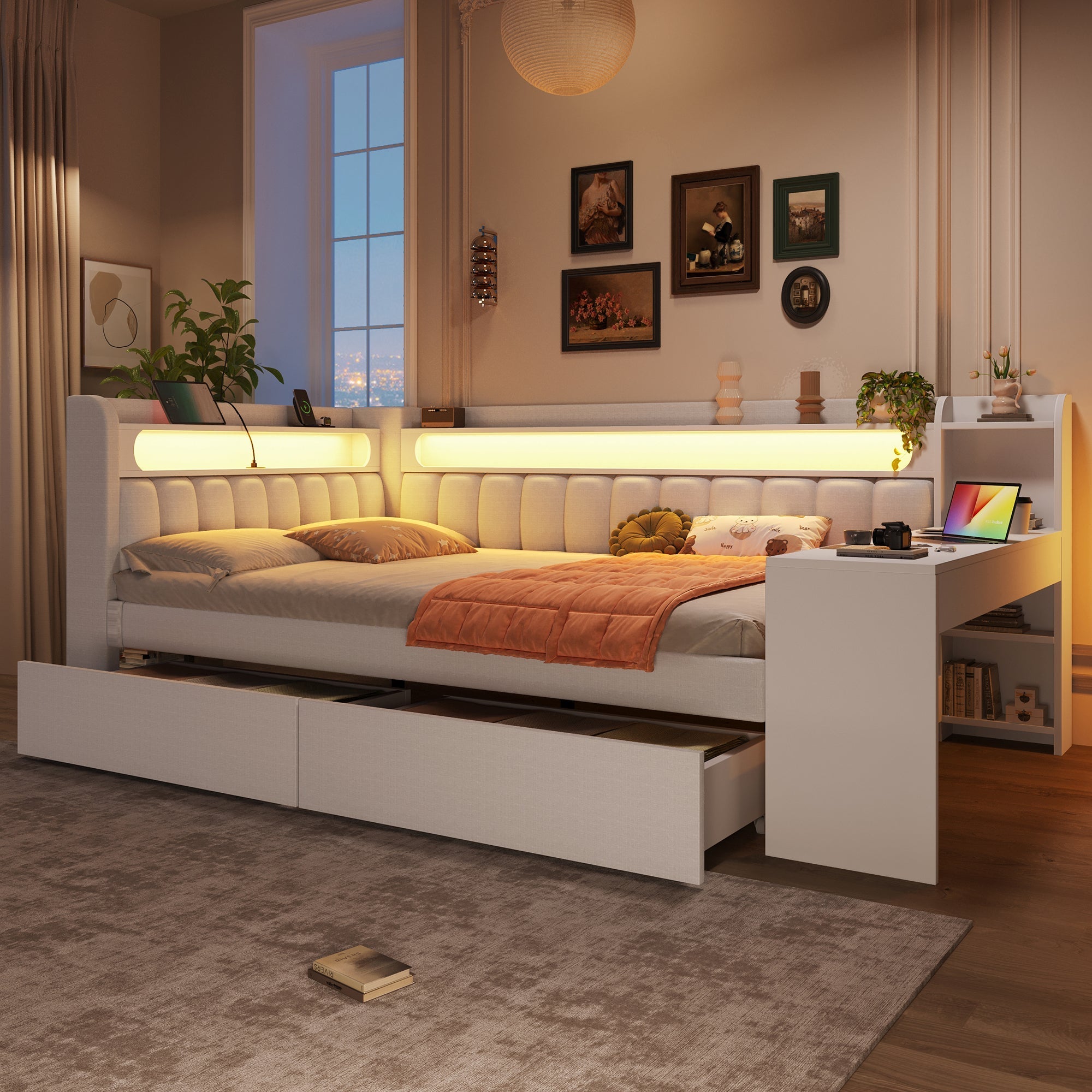 Upholstered Daybed with USB, LED, Desk and 2 Drawers, 140x200cm, White