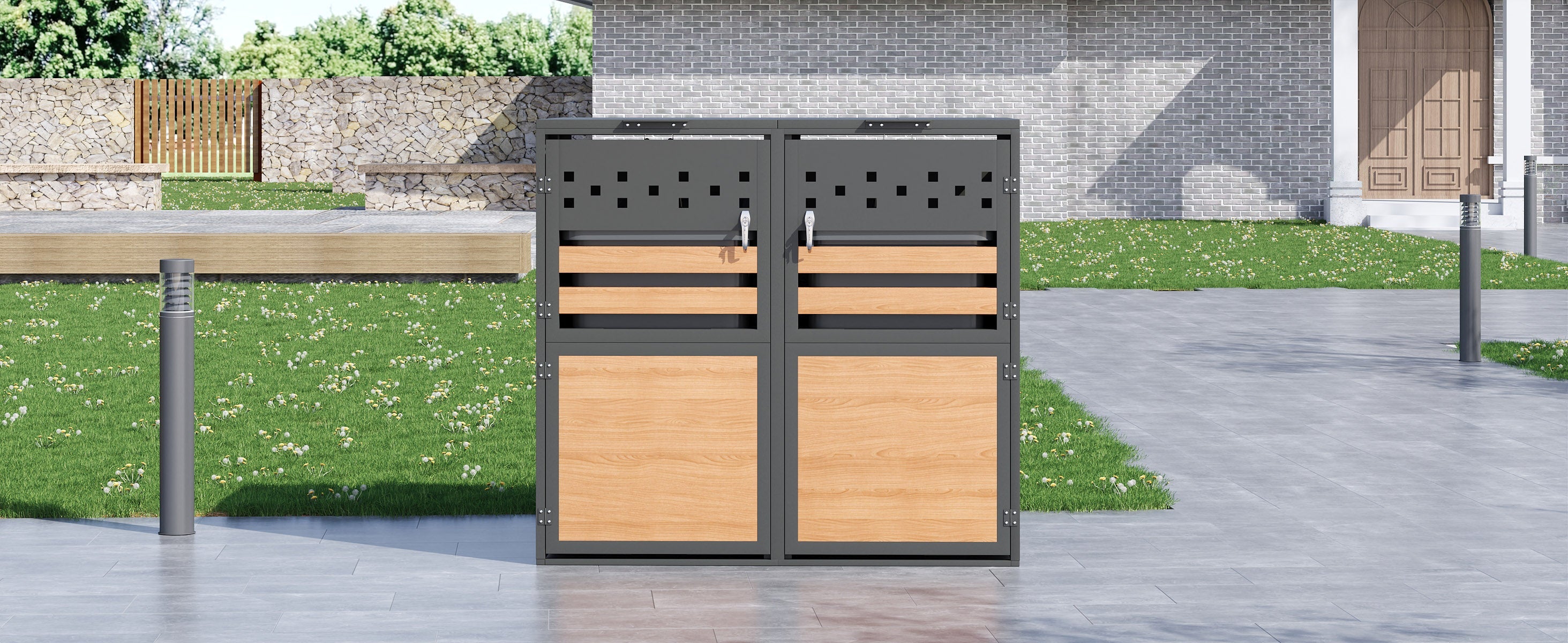 Bin Storage Box with Hinged Lid, Lockable Two Doors and Diamond Cutouts, Wood Grain Panels