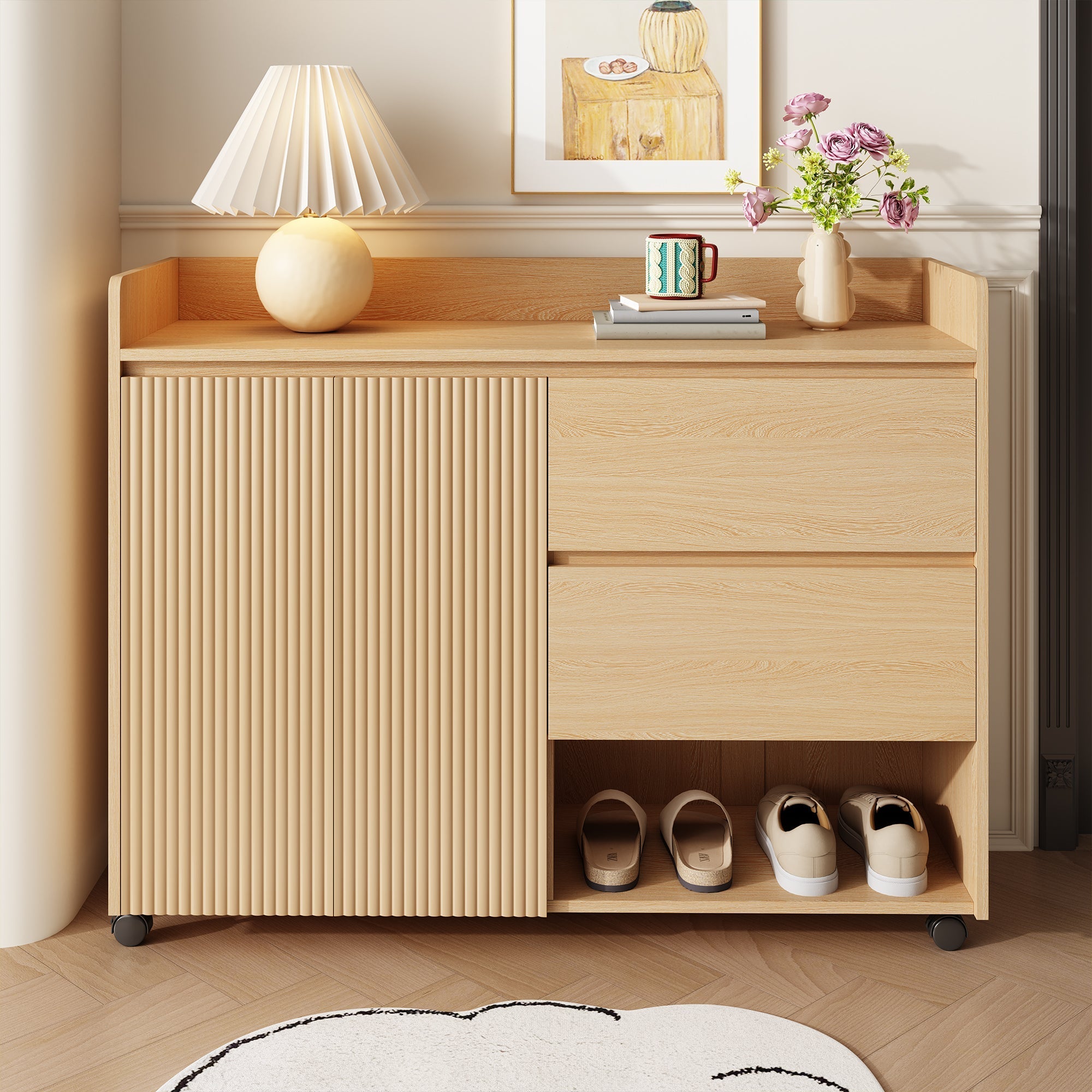 Shoe Cabinet, Movable with Adjustable Shelves, Soft-Closing Hinge, Natural MDF