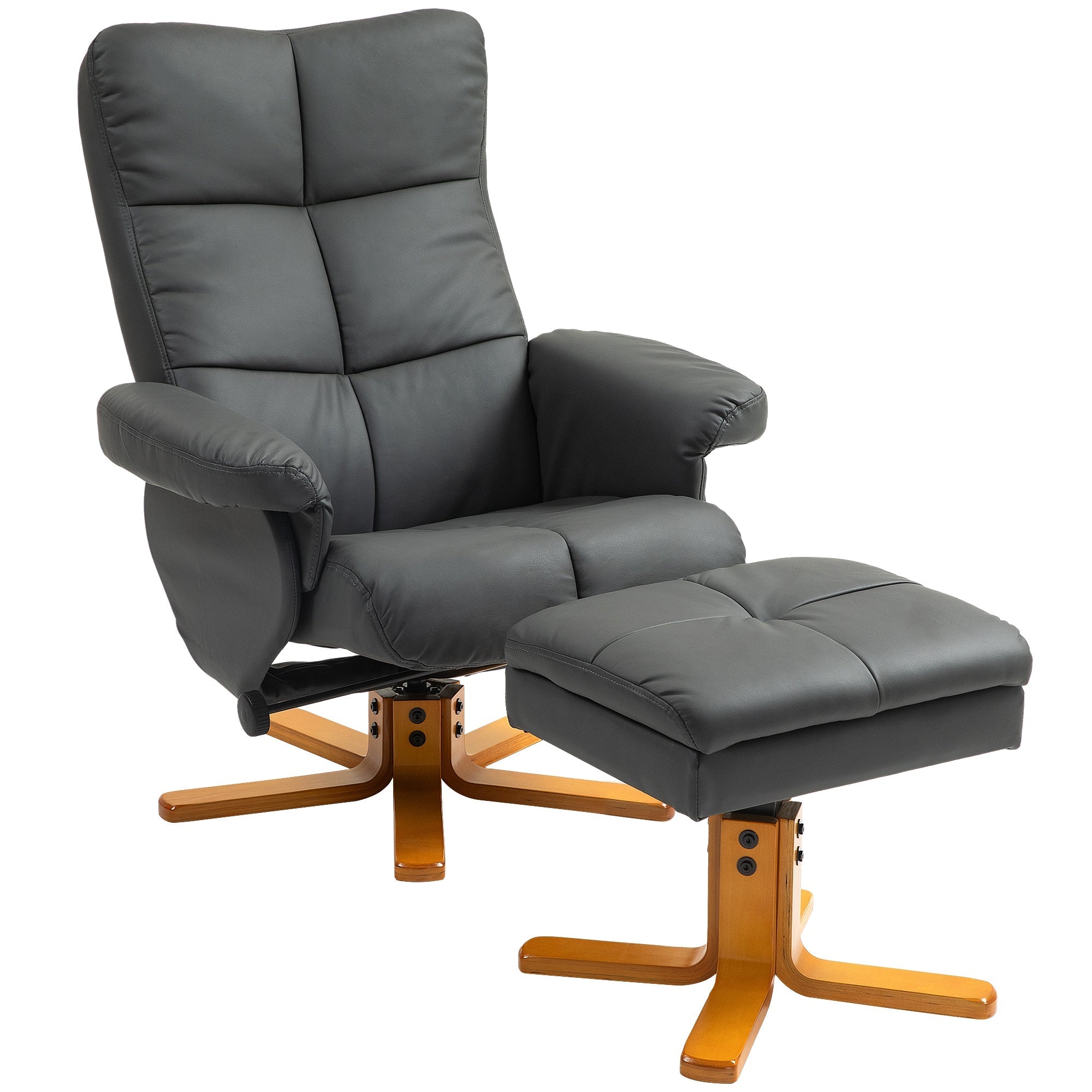 Reclining Armchair with Footstool, 360° Swivel, Storage, Faux Leather Dark Grey