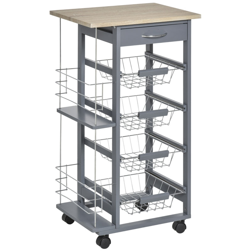 Rolling Kitchen Cart, 4 Basket Drawers Side Racks Wheels, Grey