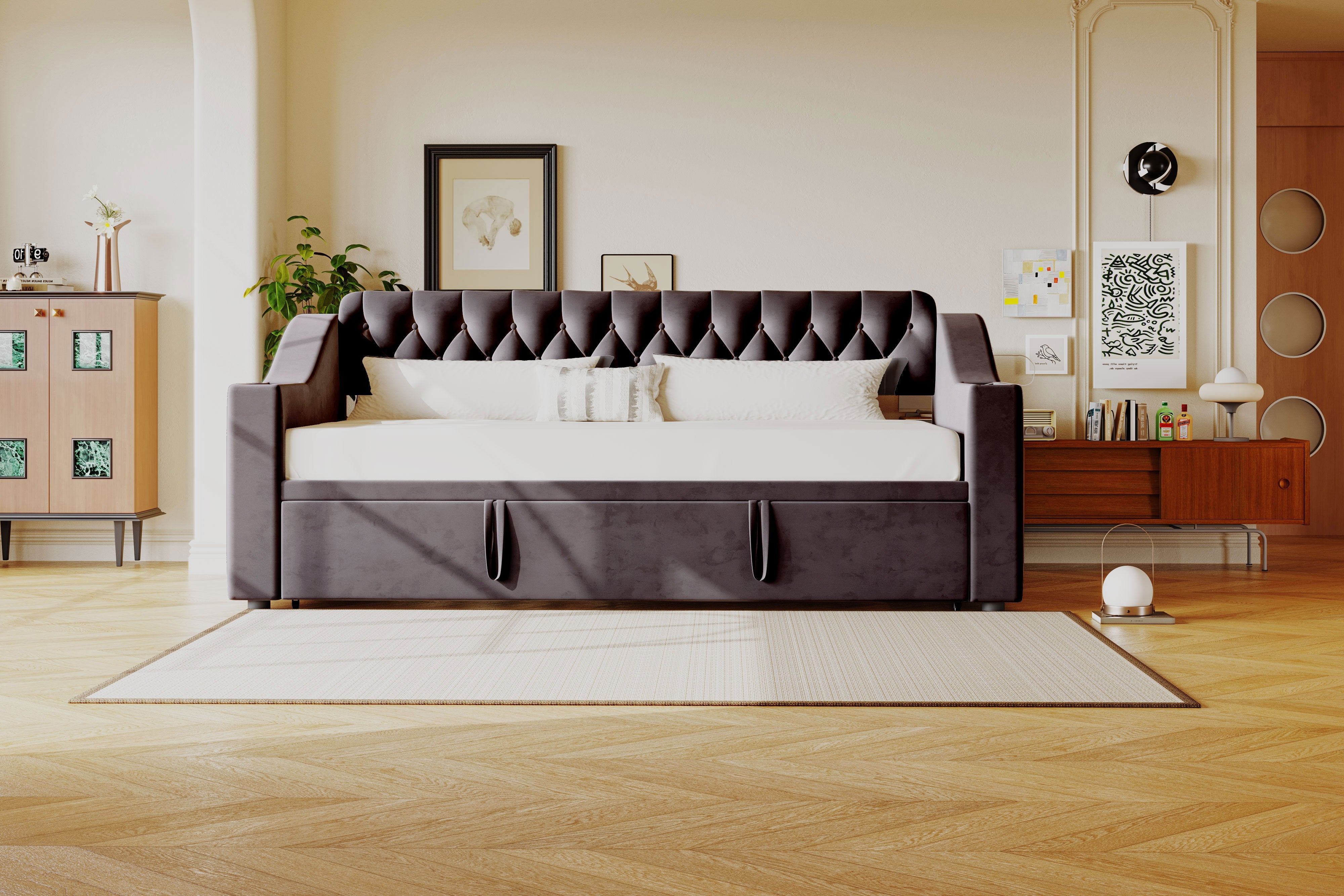 Upholstered Sofa Bed, Extendable 90/180x190cm USB Storage Slatted Base, Dark Grey Velvet