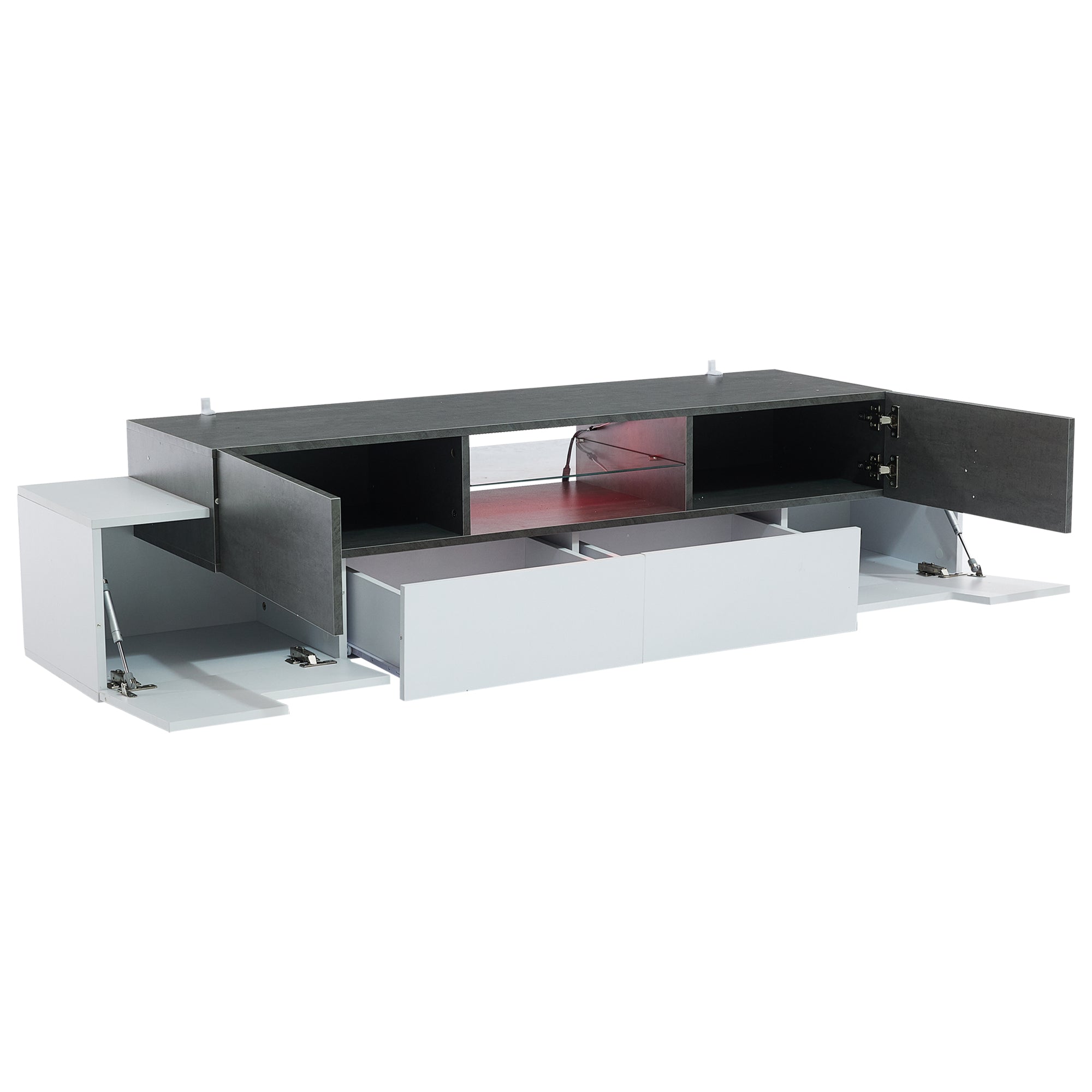 LED TV Cabinet, Entertainment Center with Glass Shelves, White+Gray