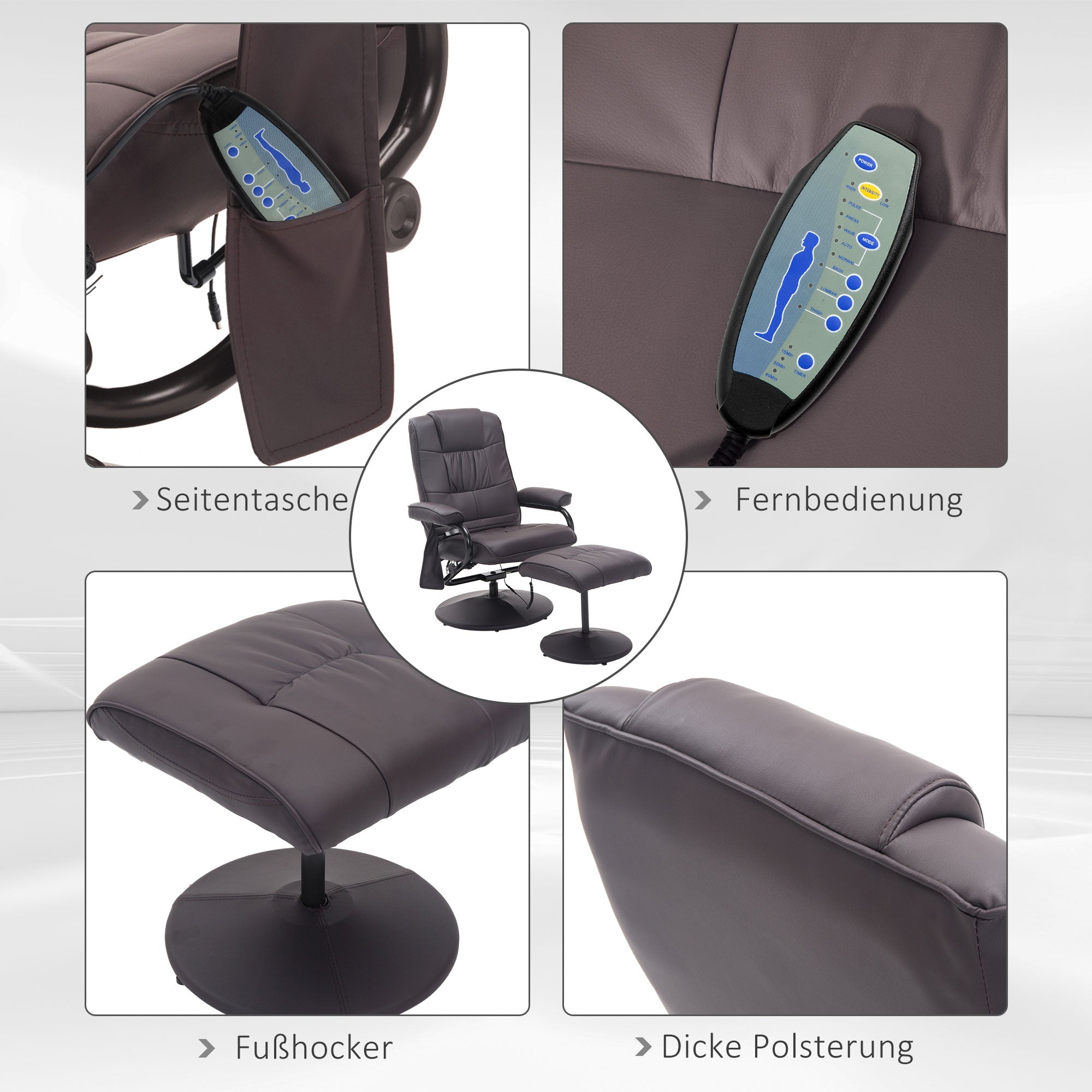 Massage Chair with Footstool Swivel Electric Recliner Remote Control, Faux Leather Brown