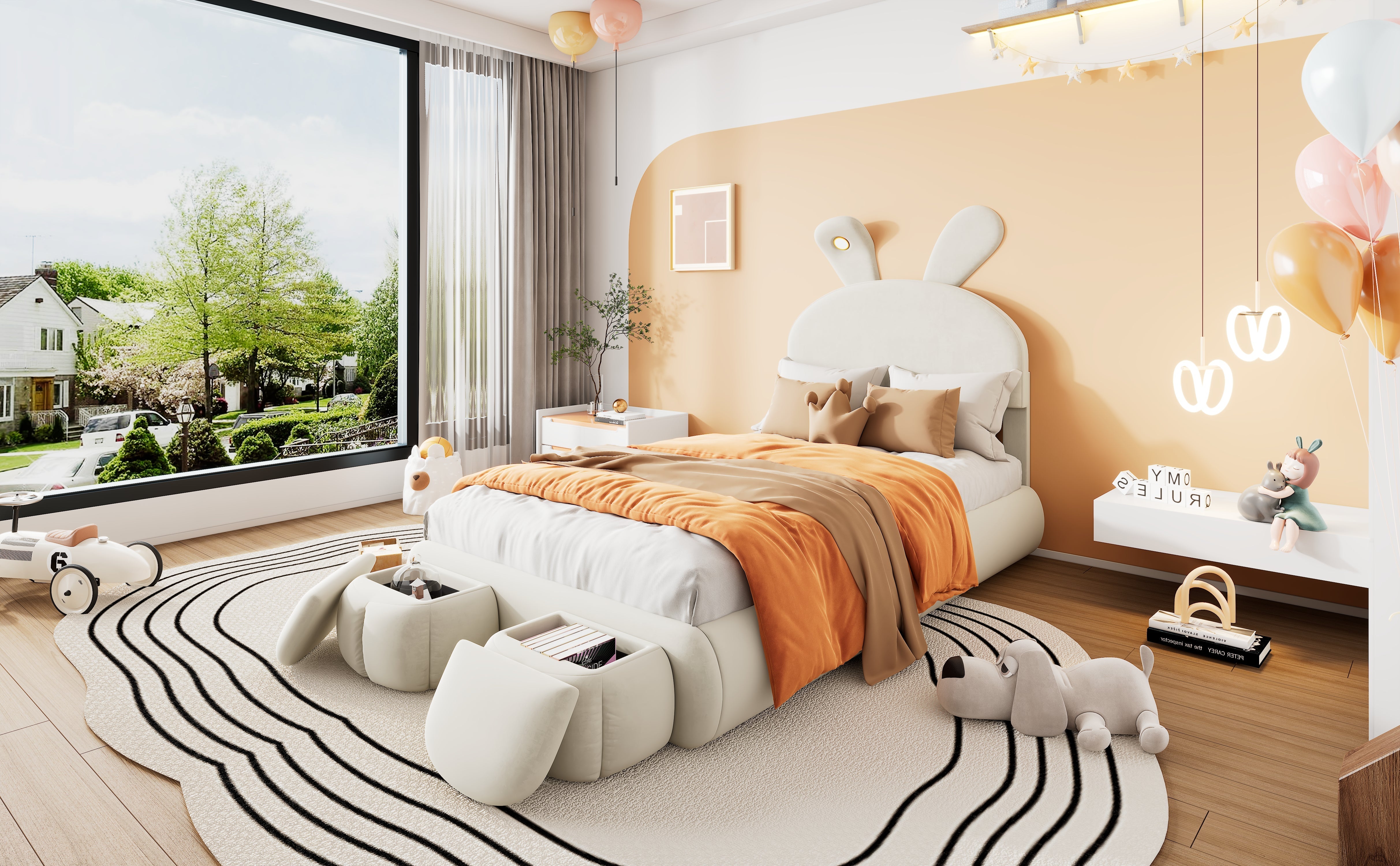 Upholstered Single Bed, Bunny Ears LED Light Storage Stools, Velvet Beige, 90x200cm