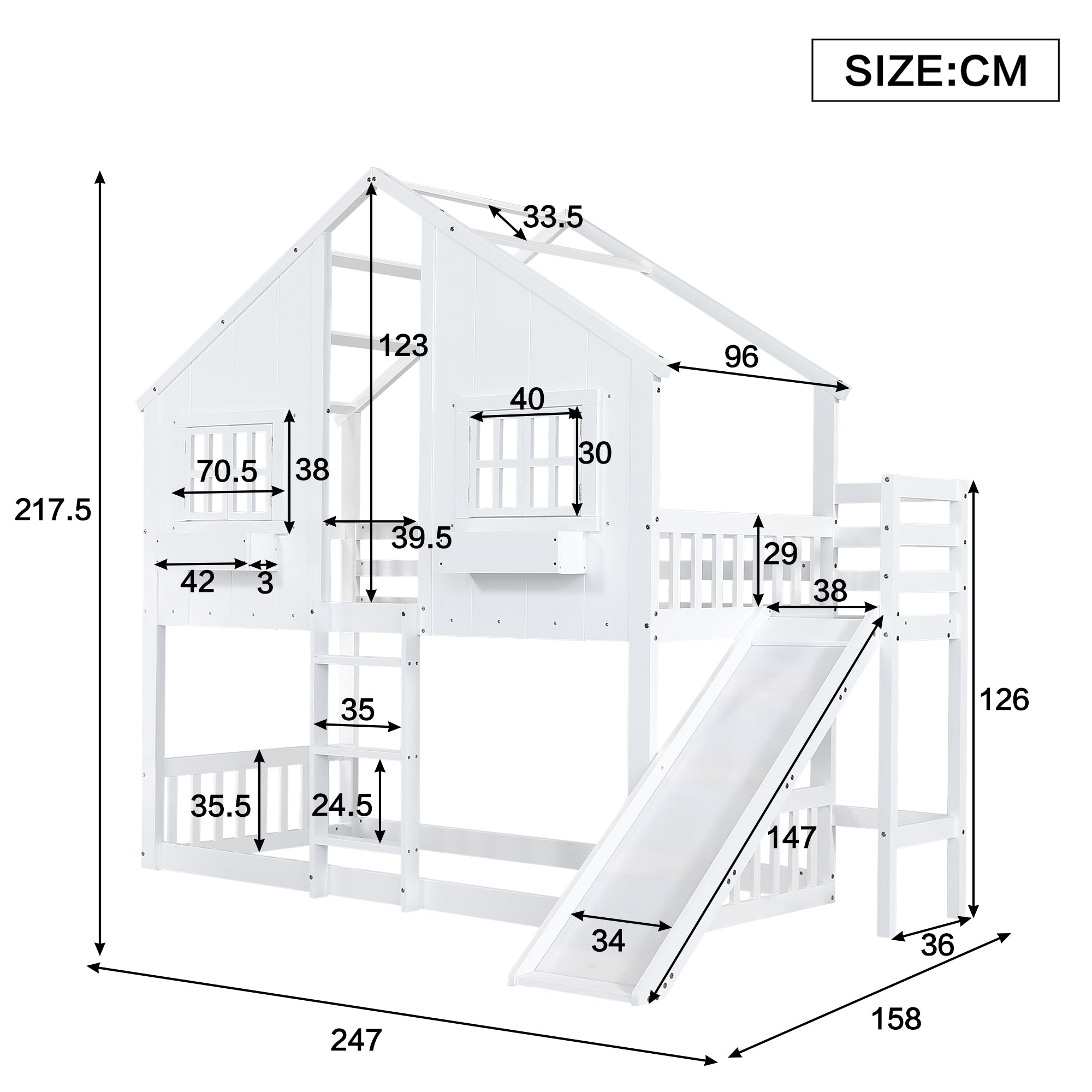 Bunk Bed with Slide, Roof & Window, Safety Gate, 3-Step Ladder, Pine + MDF, White, 90x200cm