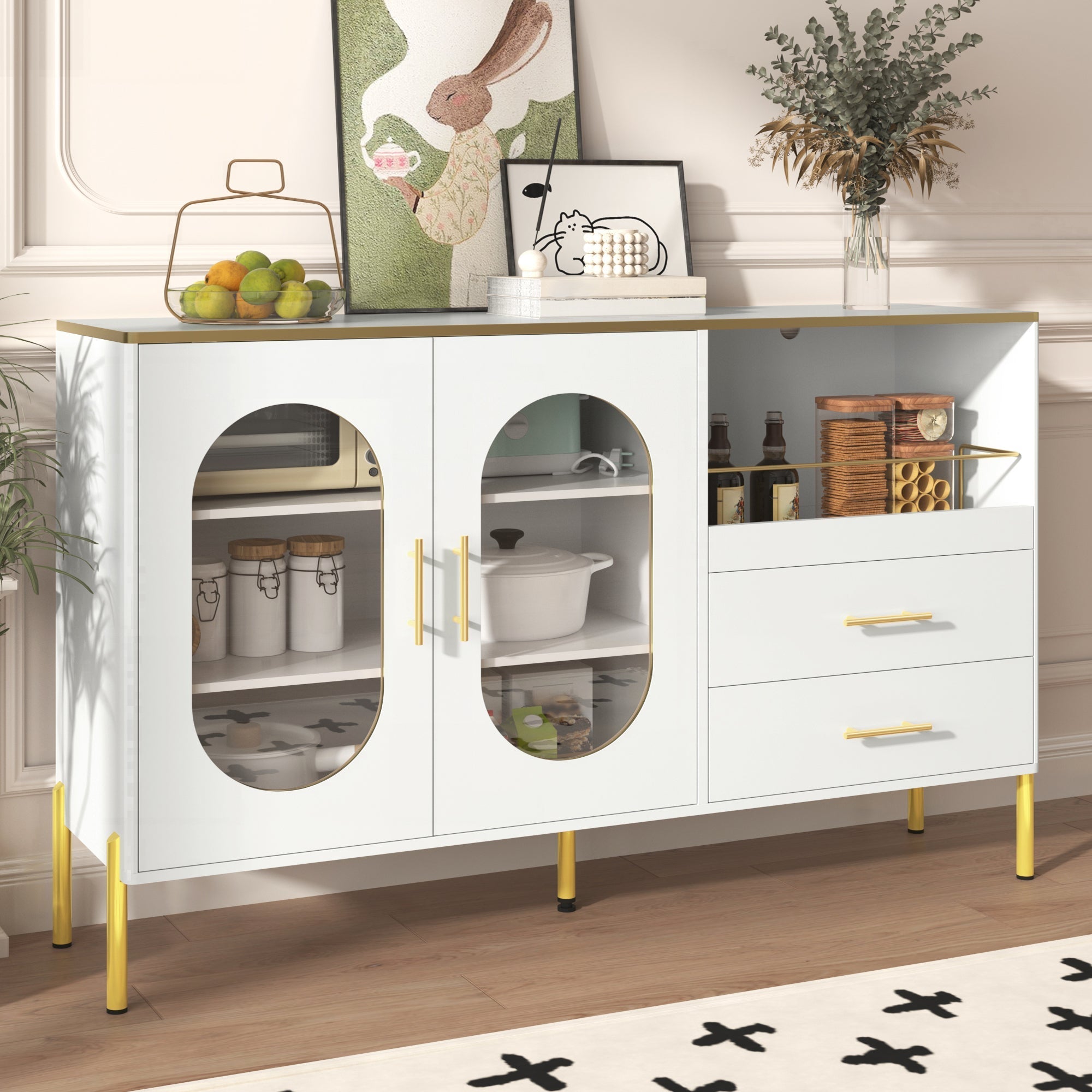Sideboard Cabinet, 2 Drawers 2 Glass Doors Modern, White Gold Accents