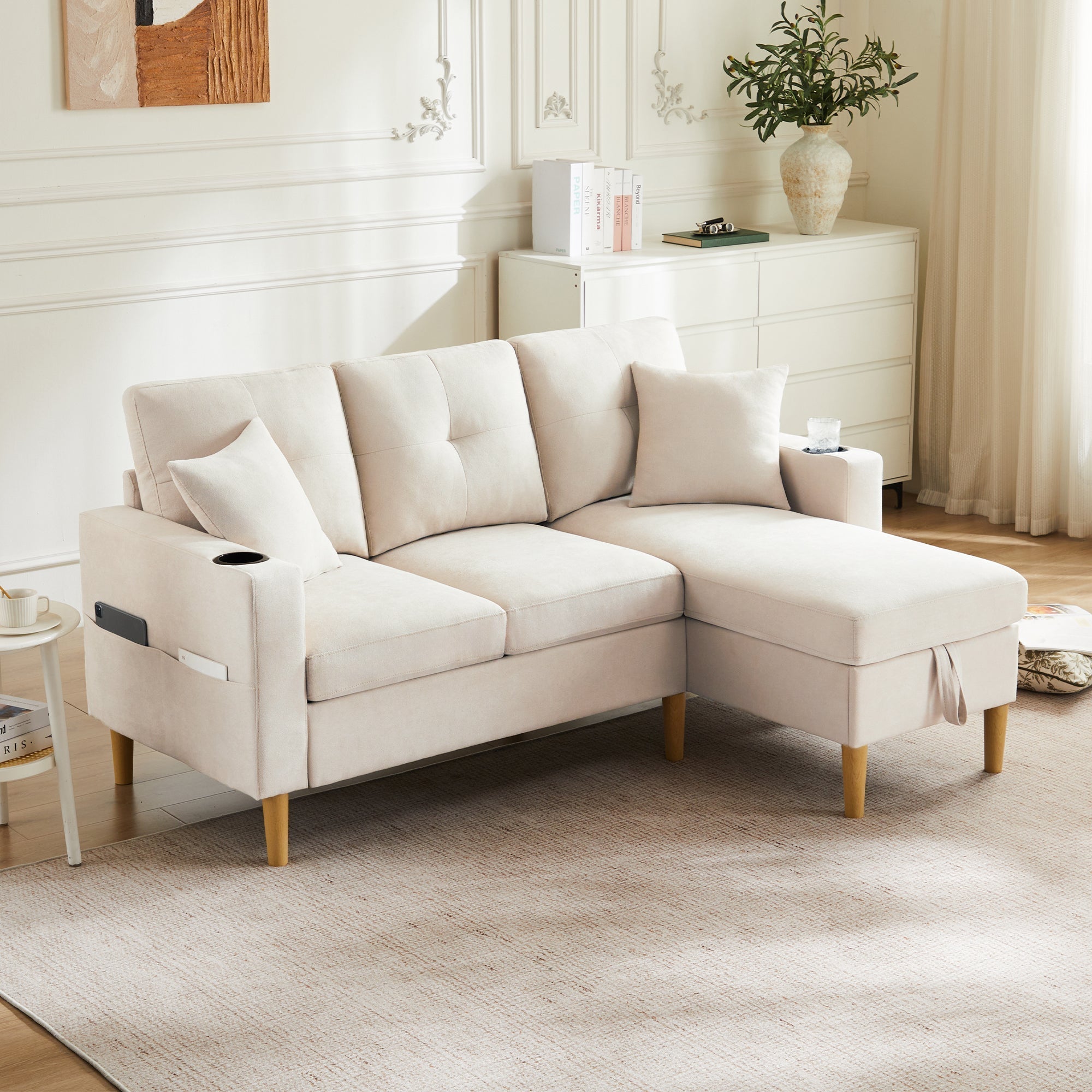 L-shaped modern sofa, 3-seater with chaise longue, storage, cup holder, 2 pillows
