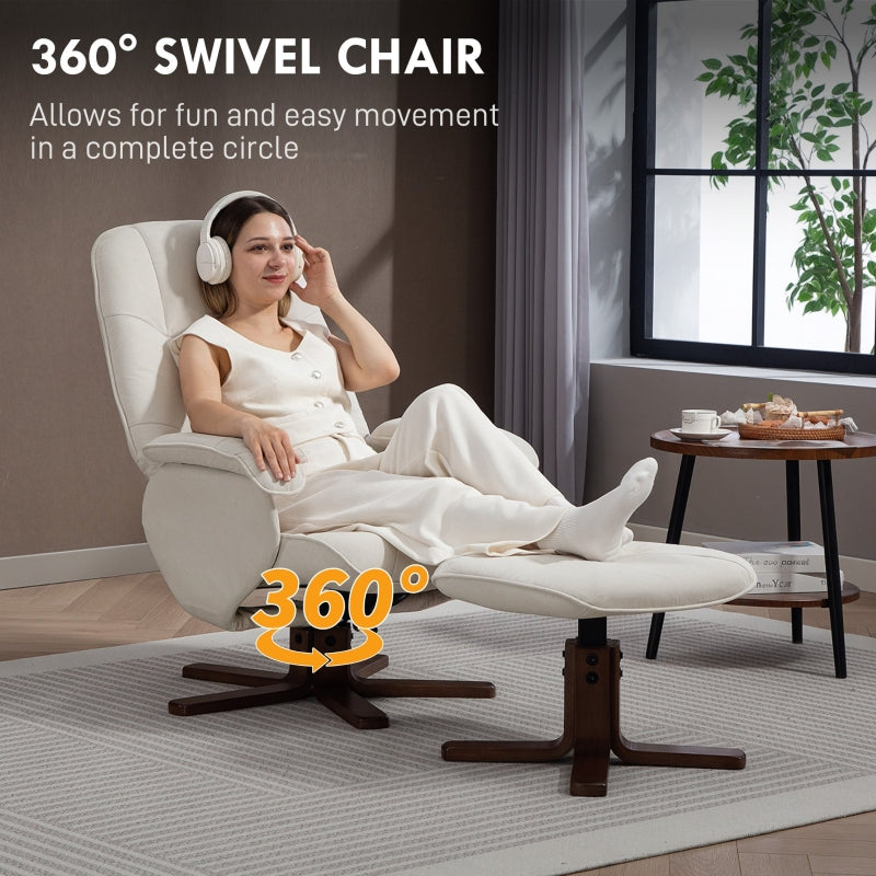 Linen Swivel Recliner Chair with Footstool, Upholstered Reclining Armchair, Beige