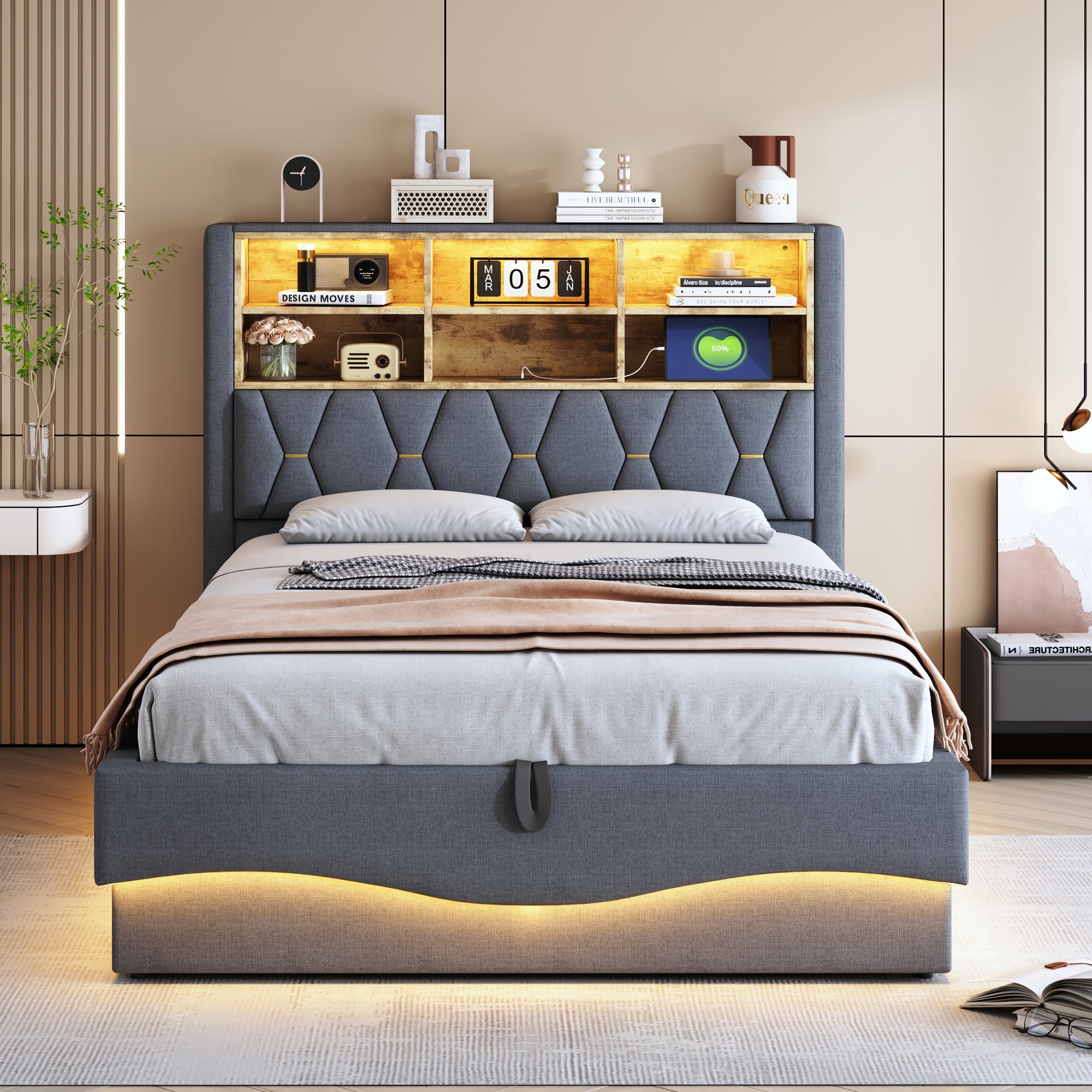 Upholstered Bed 140x200 Hydraulic Storage LED/USB Slatted Frame, Linen Grey