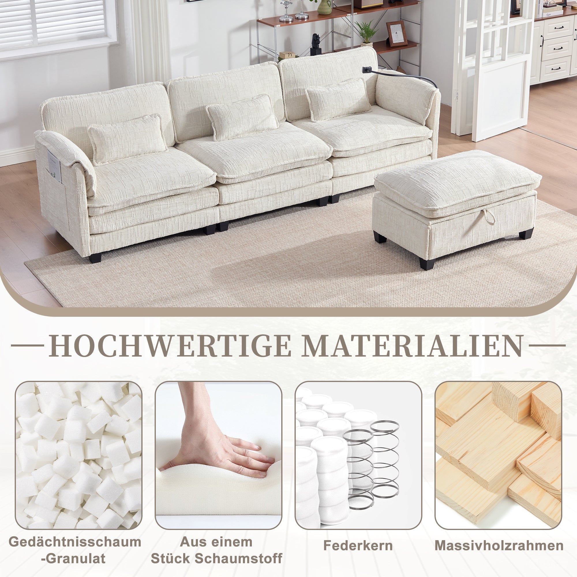 Modern 2-Seater Sofa USB Port Side Pocket Modular Footstool, Chenille Beige