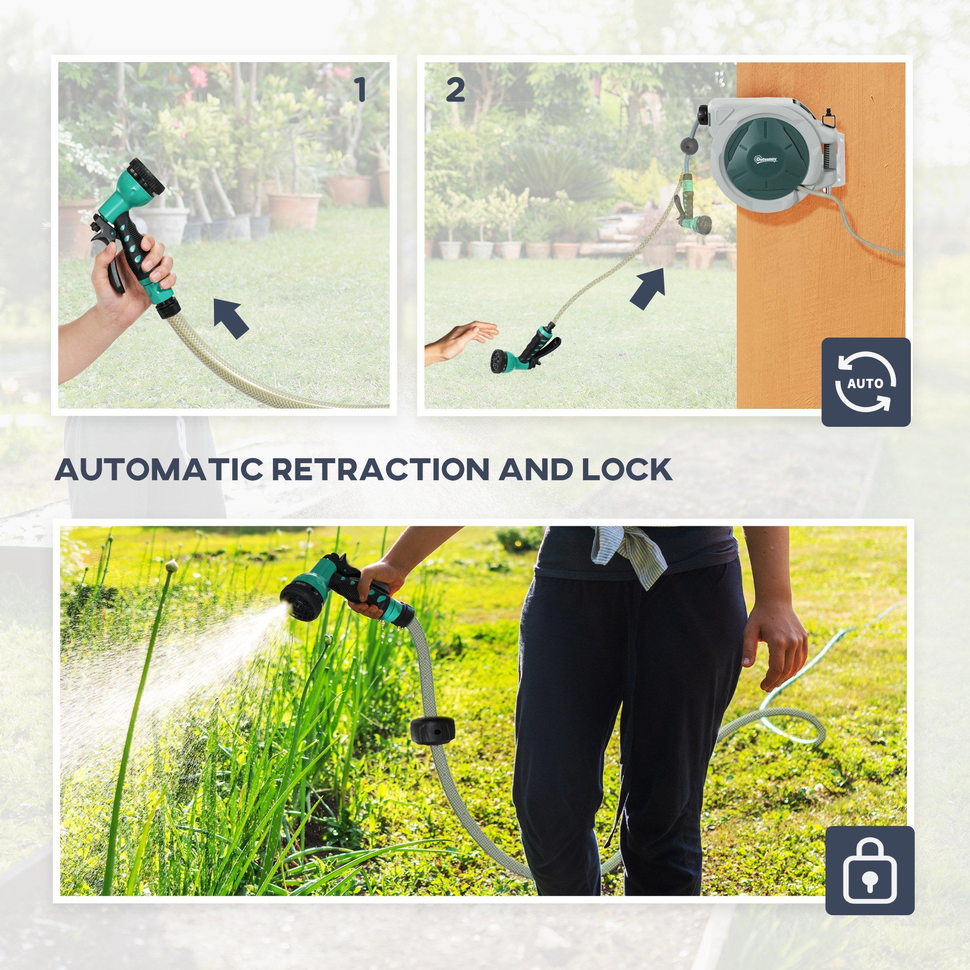 Retractable Hose Reel, Wall Mounted 20+2m Auto Rewind 7-in-1 Nozzle, Green