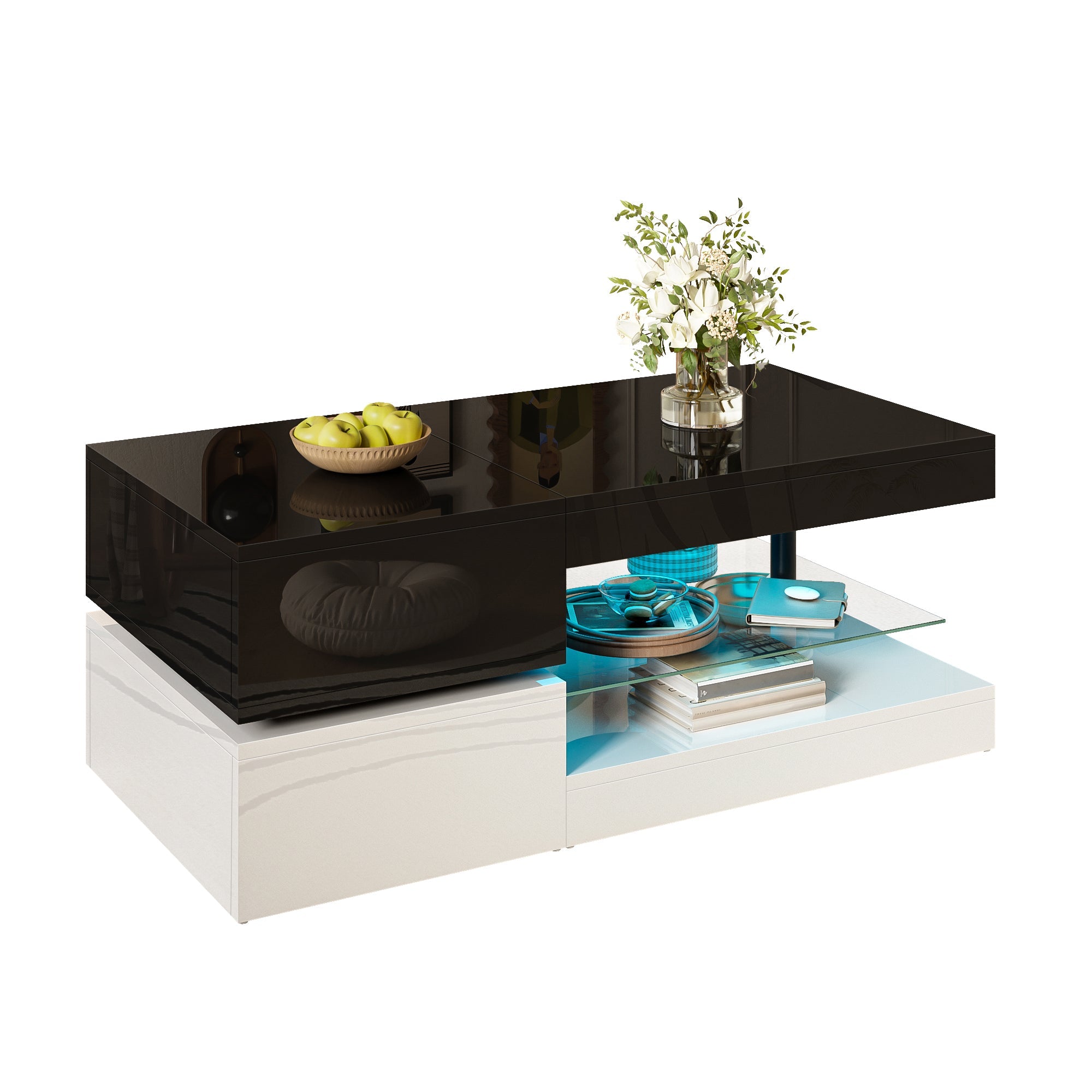 Coffee Table with LED Lighting, Bluetooth, Glass Shelf, Black & White