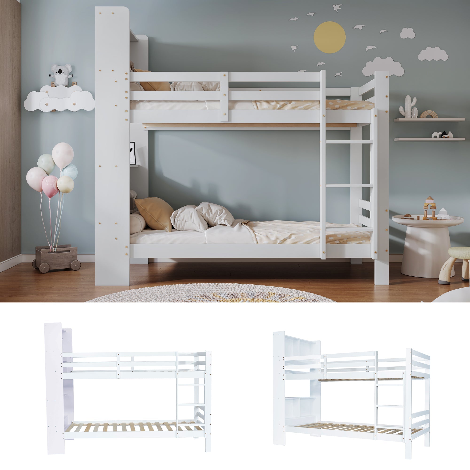 Bunk Bed with Shelves, Ladder & Storage, Solid Wood, White