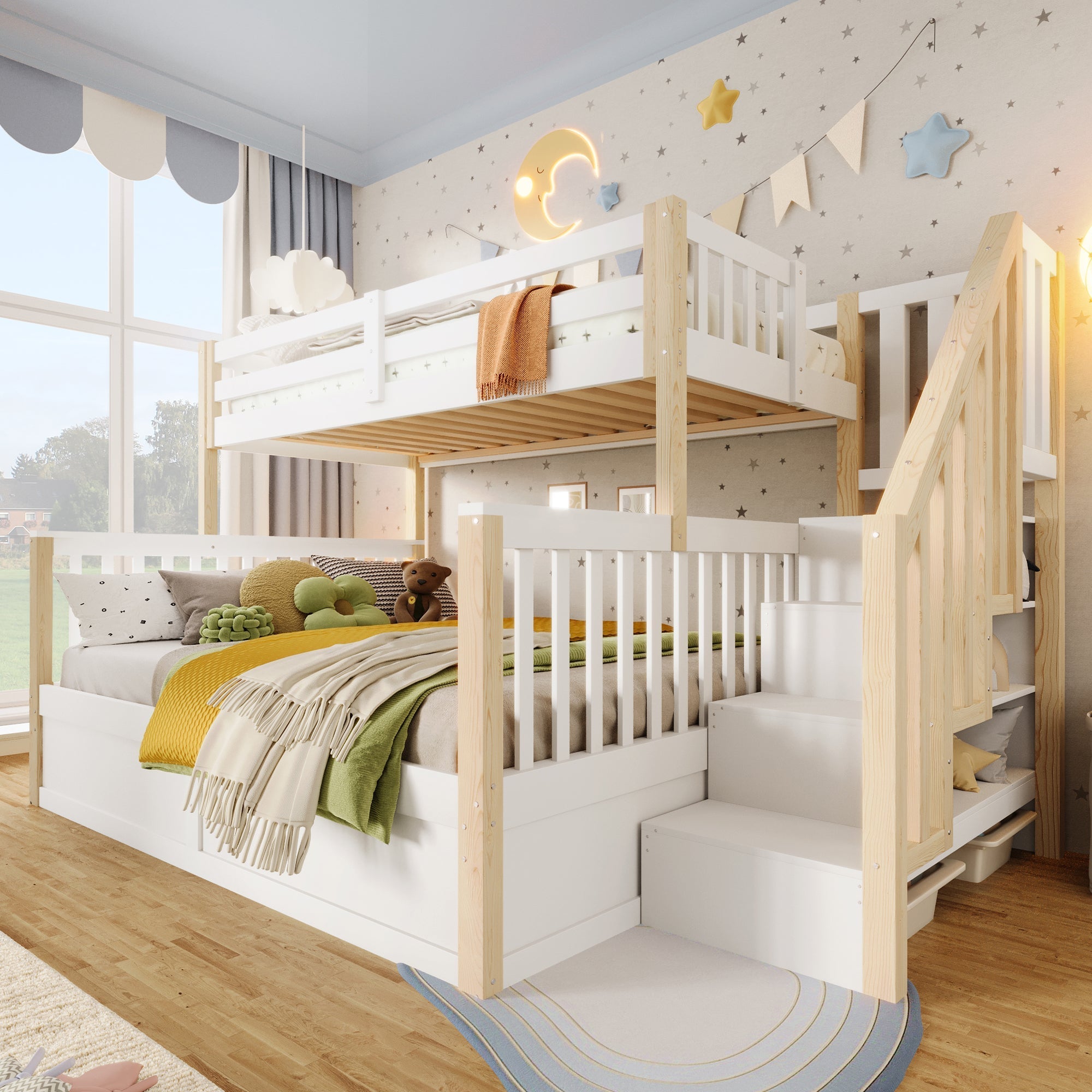 Bunk Bed 90x200/140x200cm Hydraulic Storage Ladder White/Natural