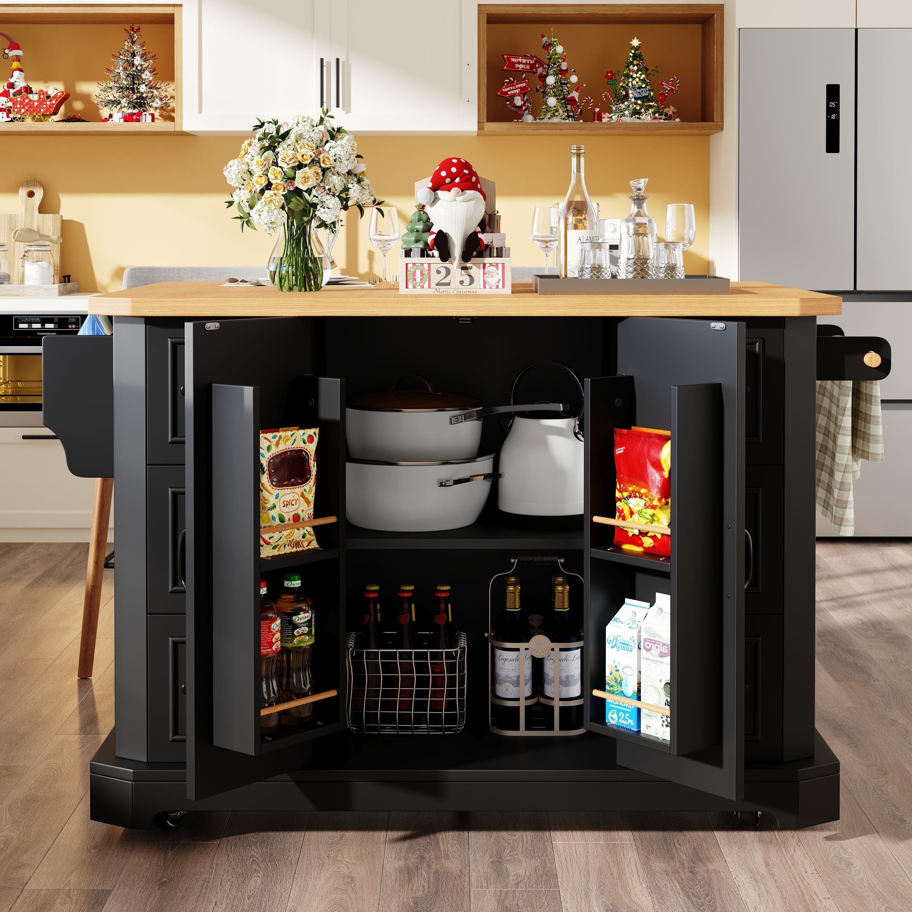 Mobile Kitchen Island with 2 Doors and 6 Drawers, White and Black