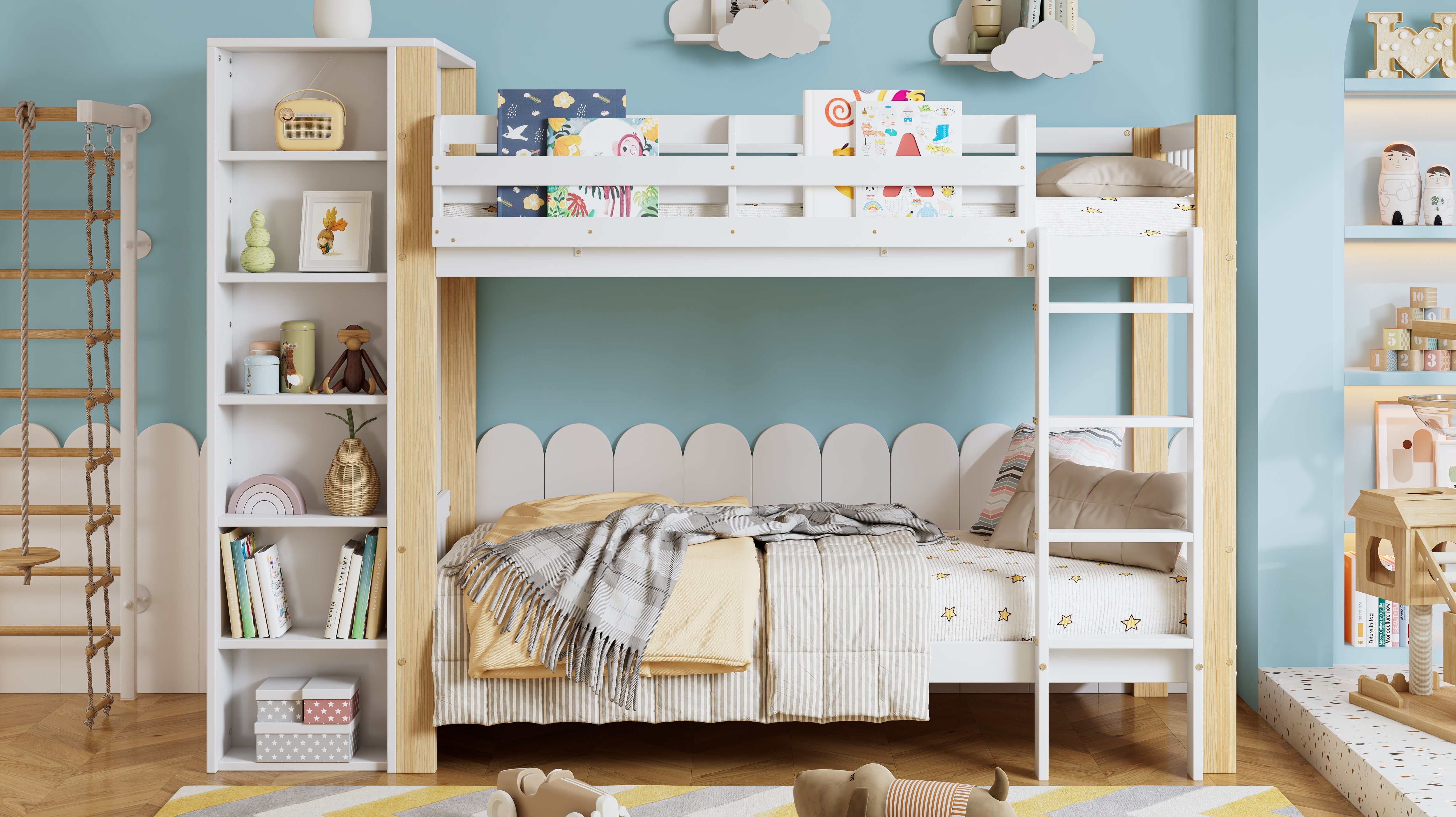 Bunk Bed, Child's with Ladder, Storage & Wardrobe, Pine+PB White+Natural