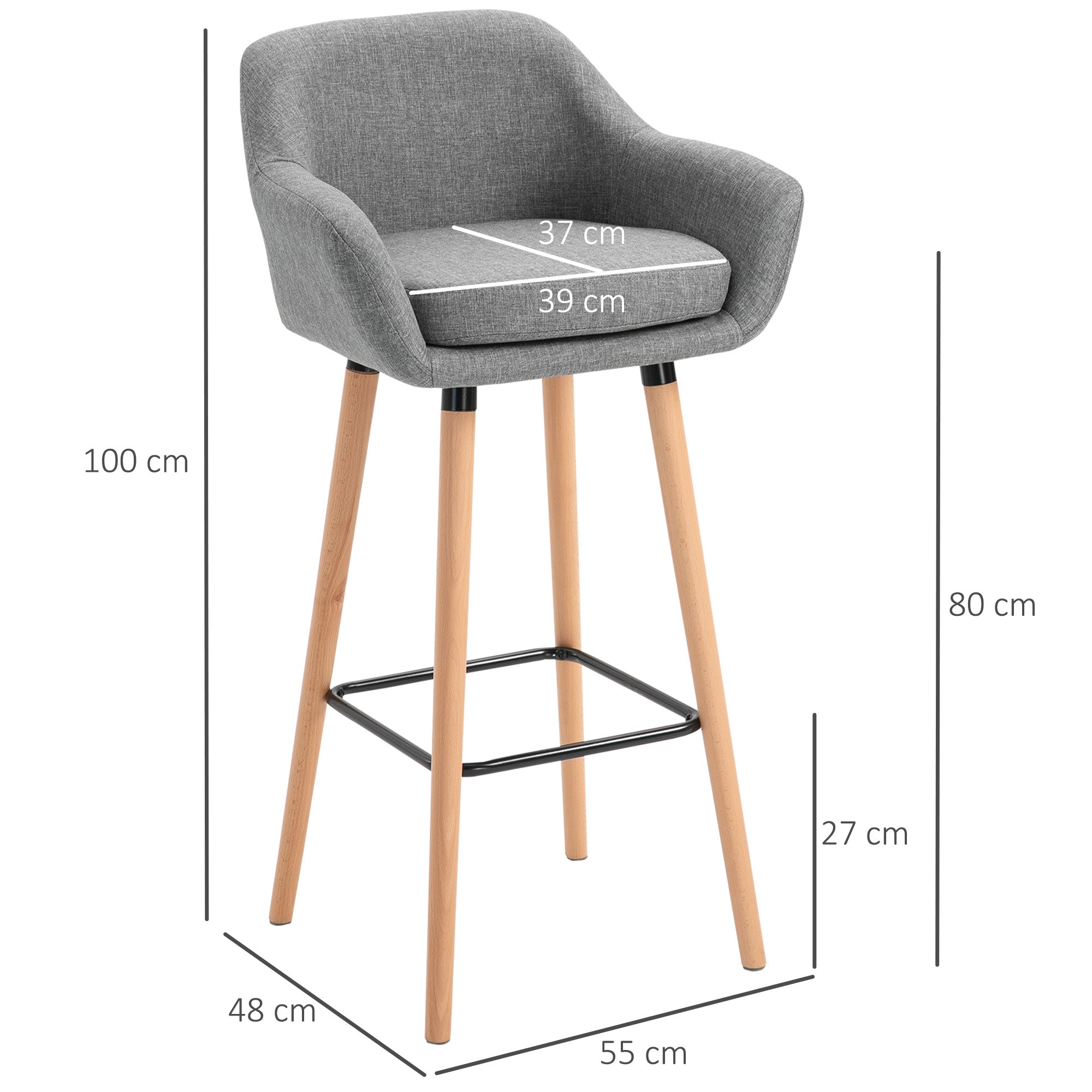 Bar Stools, Set of 2, Seat Cushion, Footrests, Grey Linen